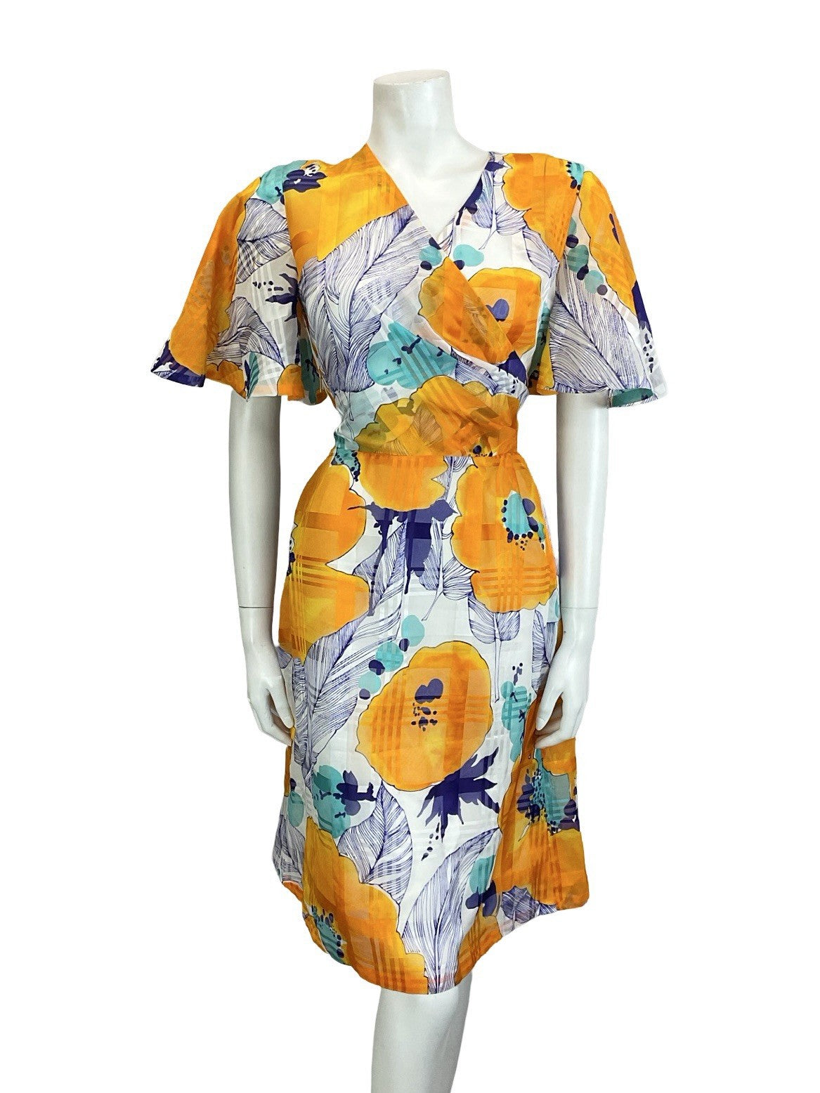 VTG 60S 70S WHITE ORANGE BLUE TEAL ABSTRACT FLORAL ANGEL SLEEVE WRAP TIE DRESS 8