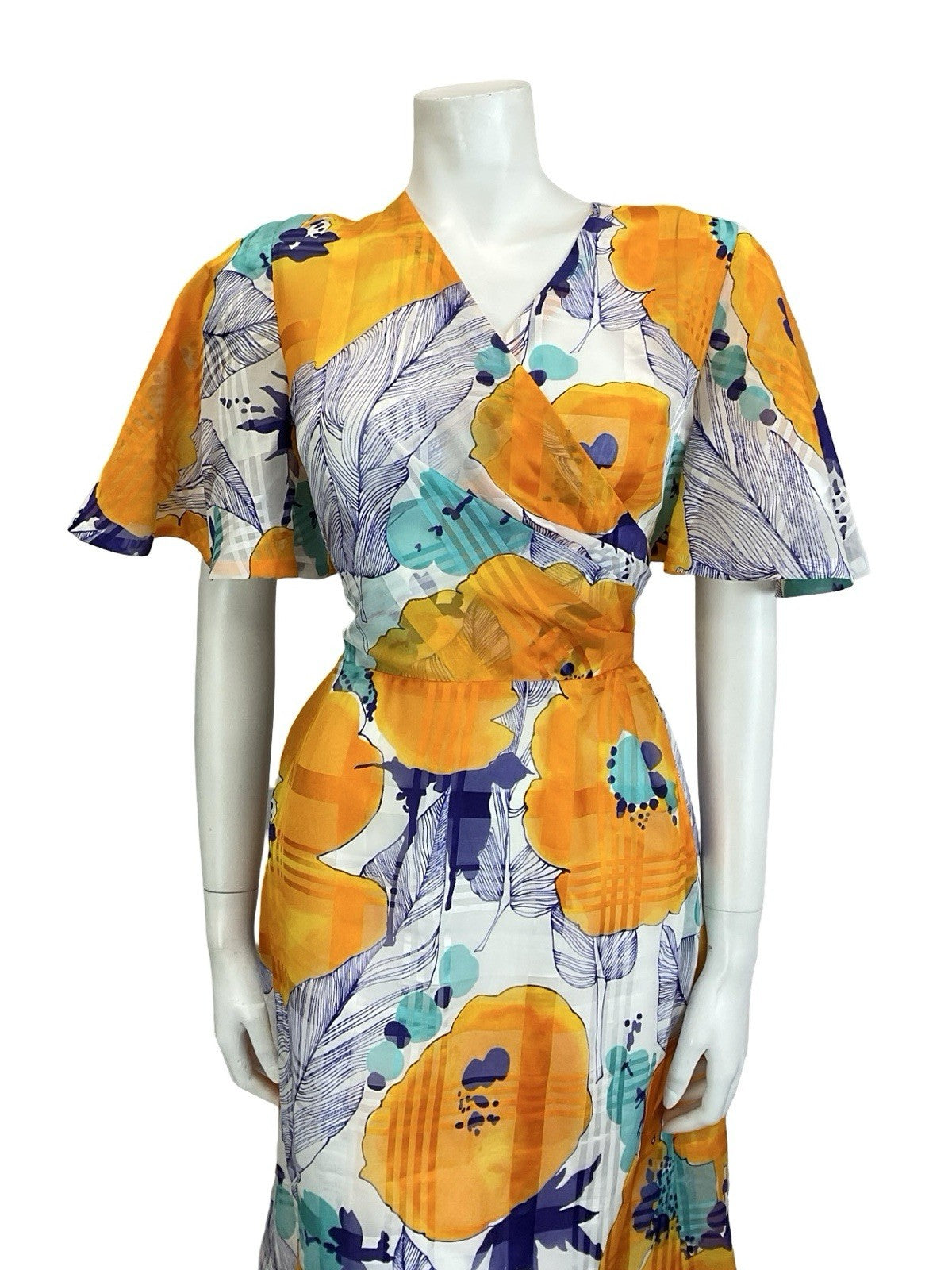 VTG 60S 70S WHITE ORANGE BLUE TEAL ABSTRACT FLORAL ANGEL SLEEVE WRAP TIE DRESS 8