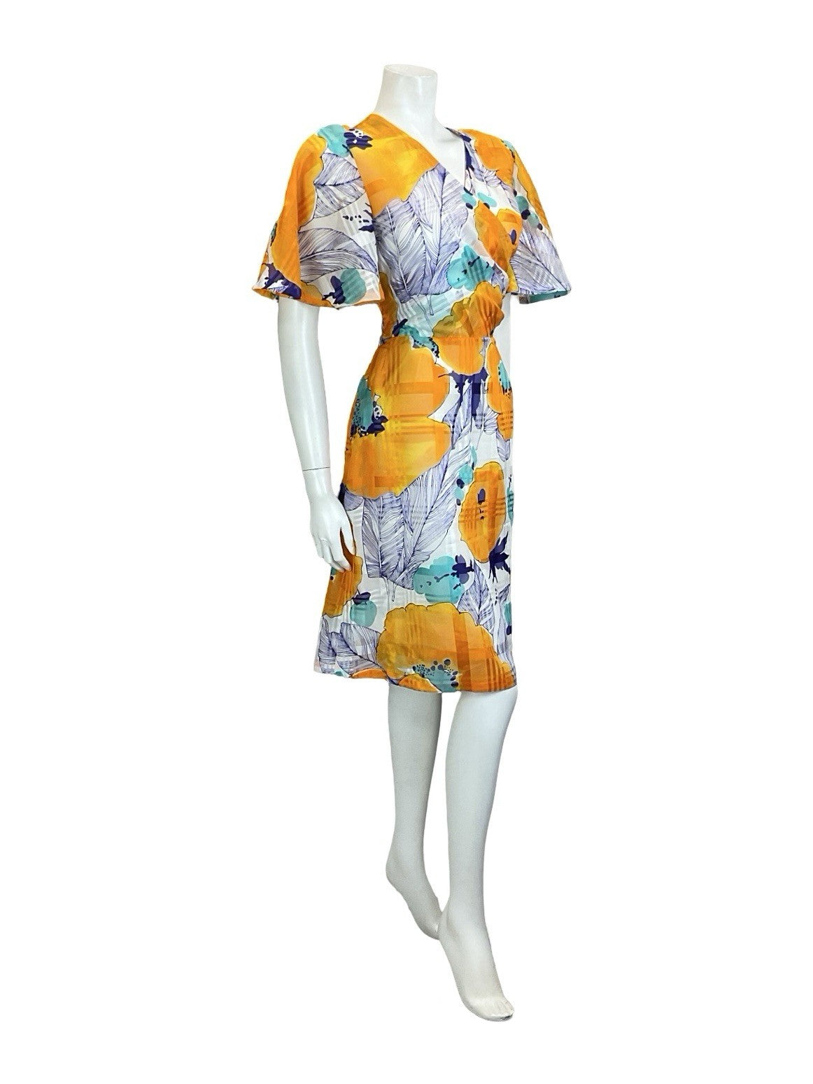 VTG 60S 70S WHITE ORANGE BLUE TEAL ABSTRACT FLORAL ANGEL SLEEVE WRAP TIE DRESS 8