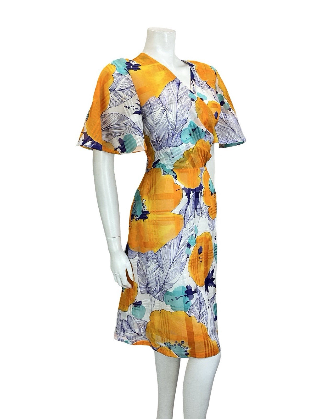 VTG 60S 70S WHITE ORANGE BLUE TEAL ABSTRACT FLORAL ANGEL SLEEVE WRAP TIE DRESS 8