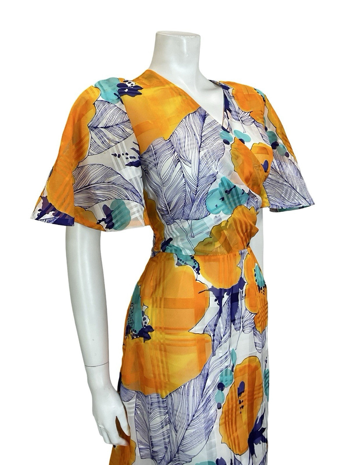 VTG 60S 70S WHITE ORANGE BLUE TEAL ABSTRACT FLORAL ANGEL SLEEVE WRAP TIE DRESS 8