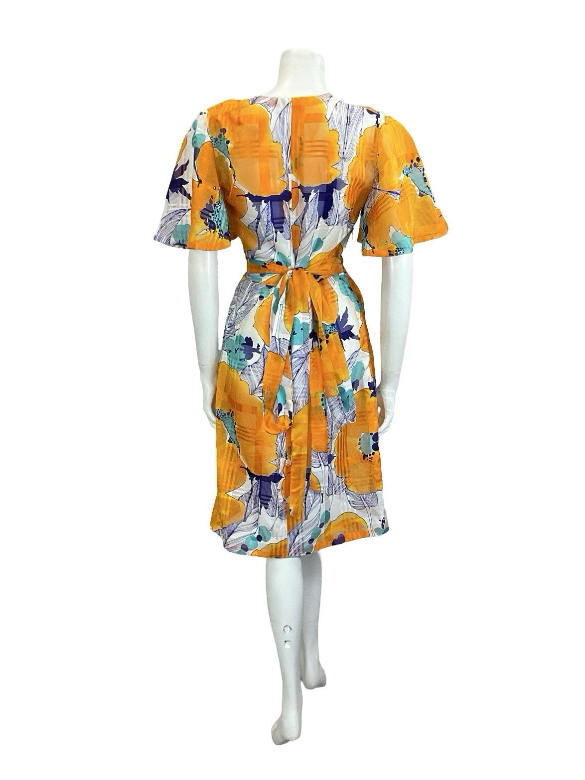 VTG 60S 70S WHITE ORANGE BLUE TEAL ABSTRACT FLORAL ANGEL SLEEVE WRAP TIE DRESS 8
