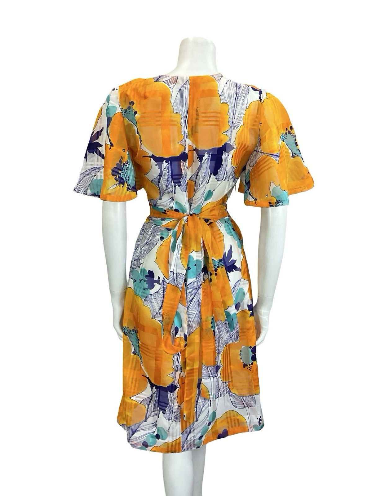 VTG 60S 70S WHITE ORANGE BLUE TEAL ABSTRACT FLORAL ANGEL SLEEVE WRAP TIE DRESS 8