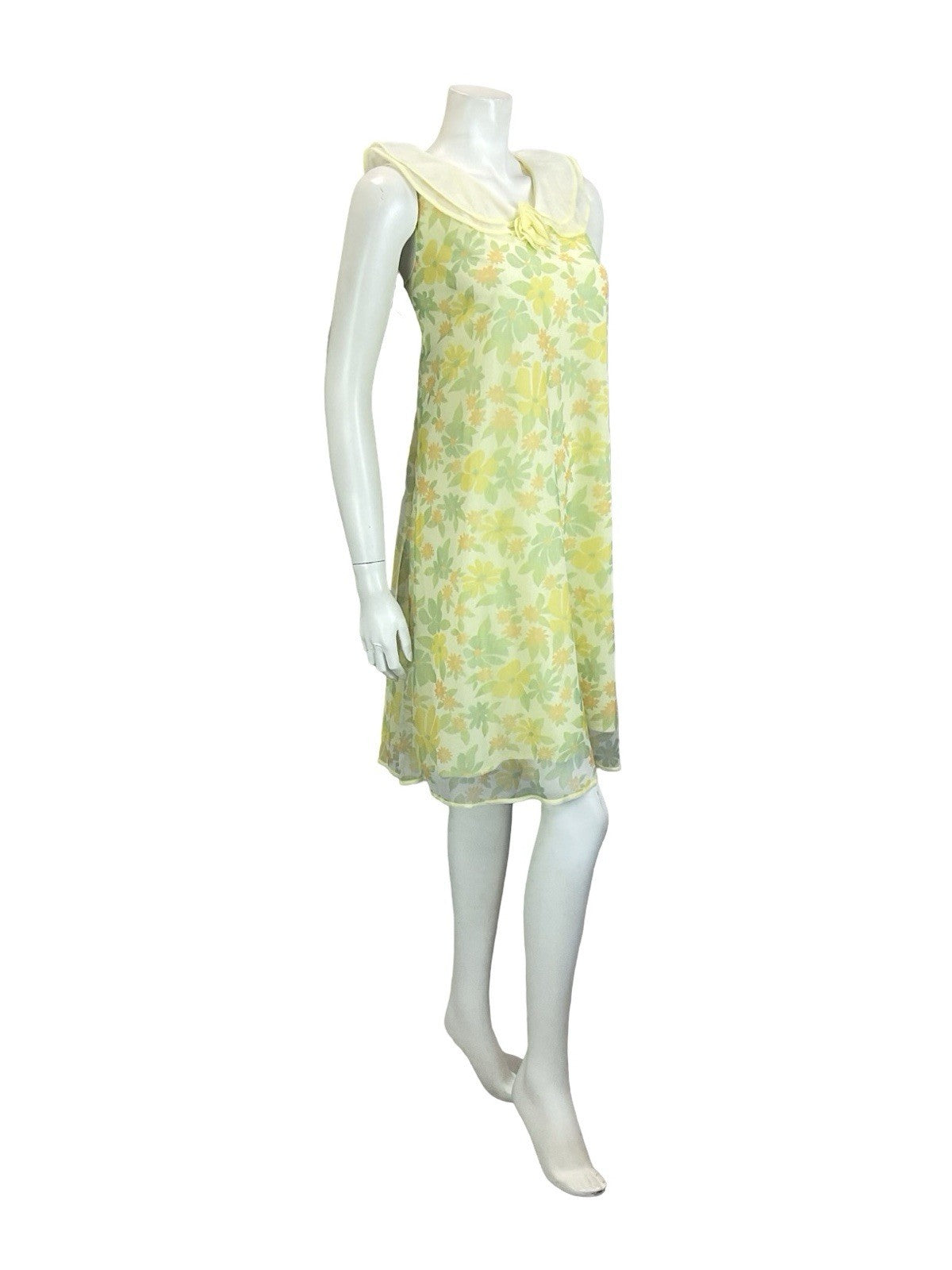 VTG 60S MOD YELLOW GREEN PETER PAN COLLAR ROSE FLORAL TENT NIGHT DRESS 12 14 M