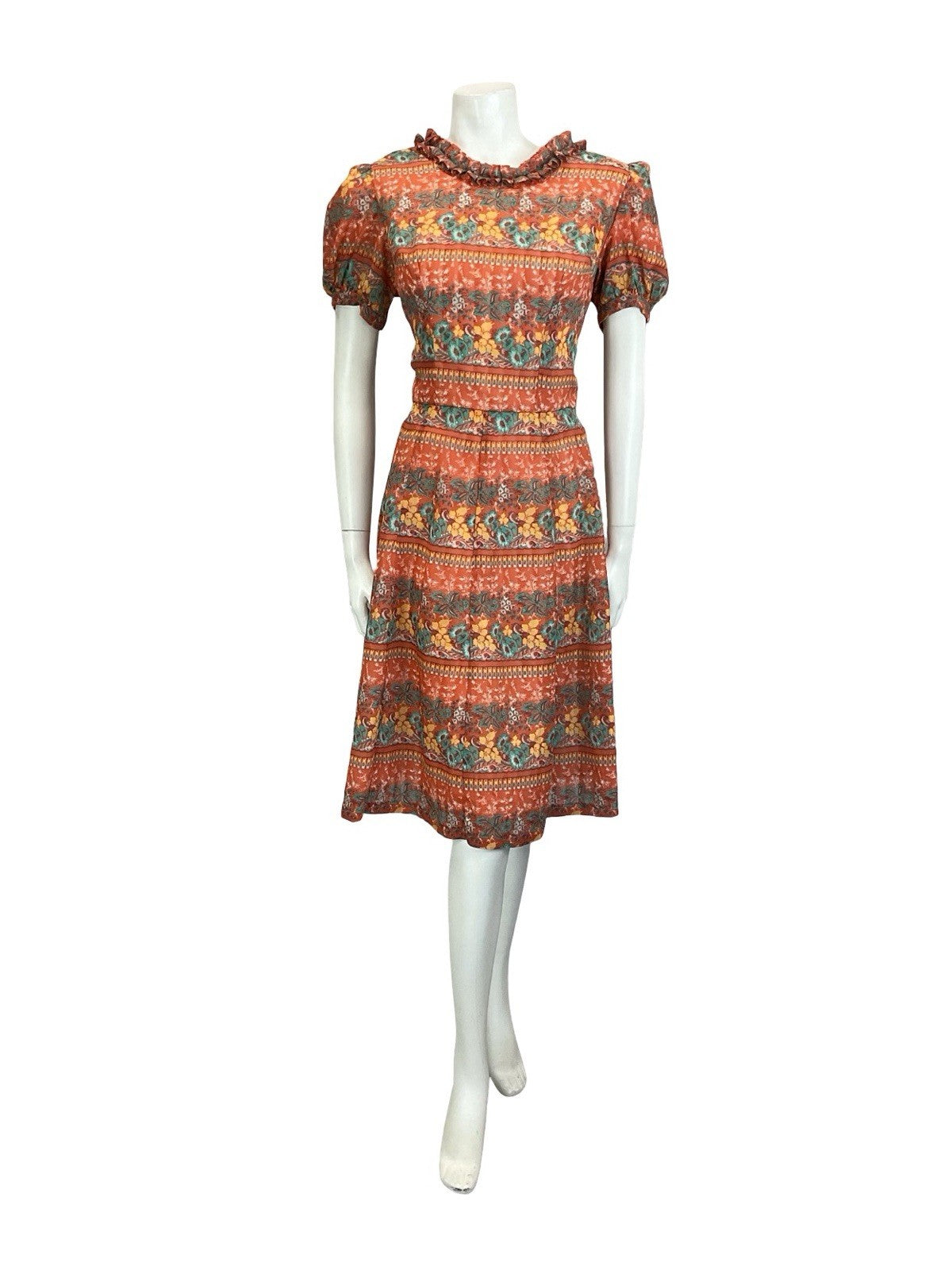 VTG 60S RED GREEN YELLOW PSYCHEDELIC FLORAL RUFFLE PUFF SLEEVE TEA DRESS 14