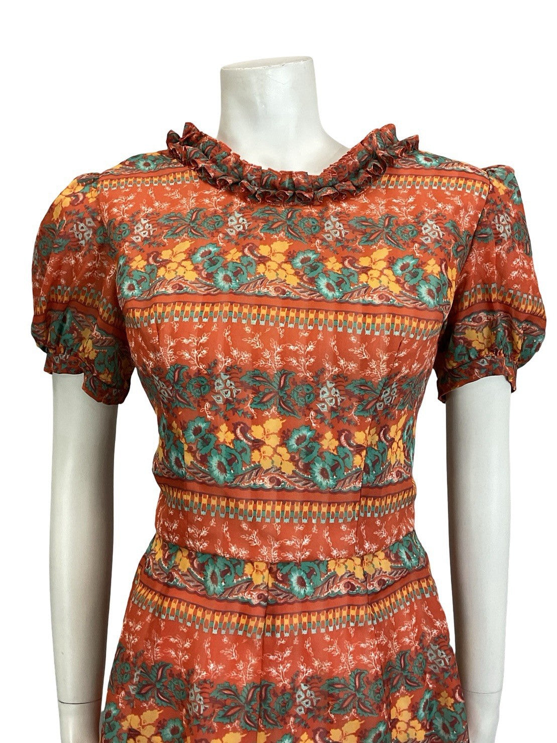 VTG 60S RED GREEN YELLOW PSYCHEDELIC FLORAL RUFFLE PUFF SLEEVE TEA DRESS 14