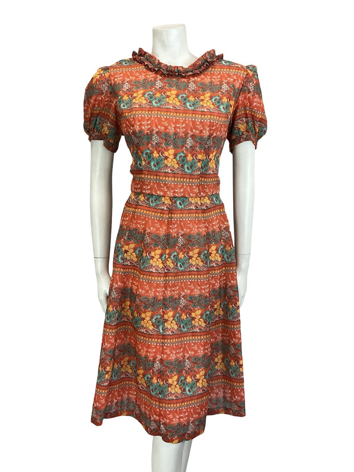 VTG 60S RED GREEN YELLOW PSYCHEDELIC FLORAL RUFFLE PUFF SLEEVE TEA DRESS 14