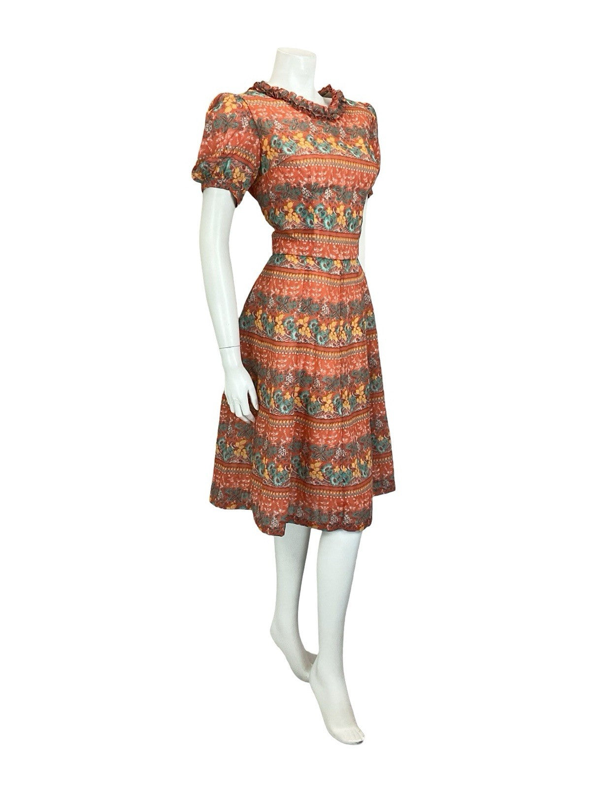 VTG 60S RED GREEN YELLOW PSYCHEDELIC FLORAL RUFFLE PUFF SLEEVE TEA DRESS 14