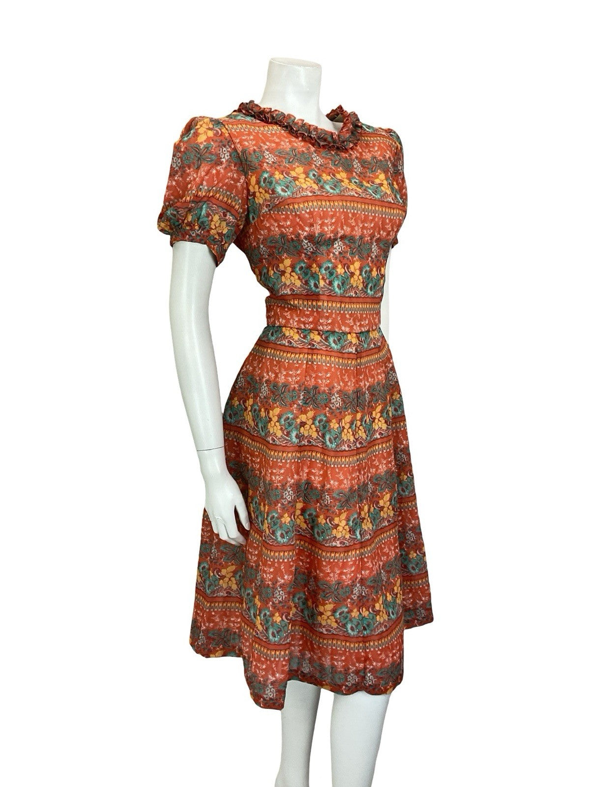 VTG 60S RED GREEN YELLOW PSYCHEDELIC FLORAL RUFFLE PUFF SLEEVE TEA DRESS 14