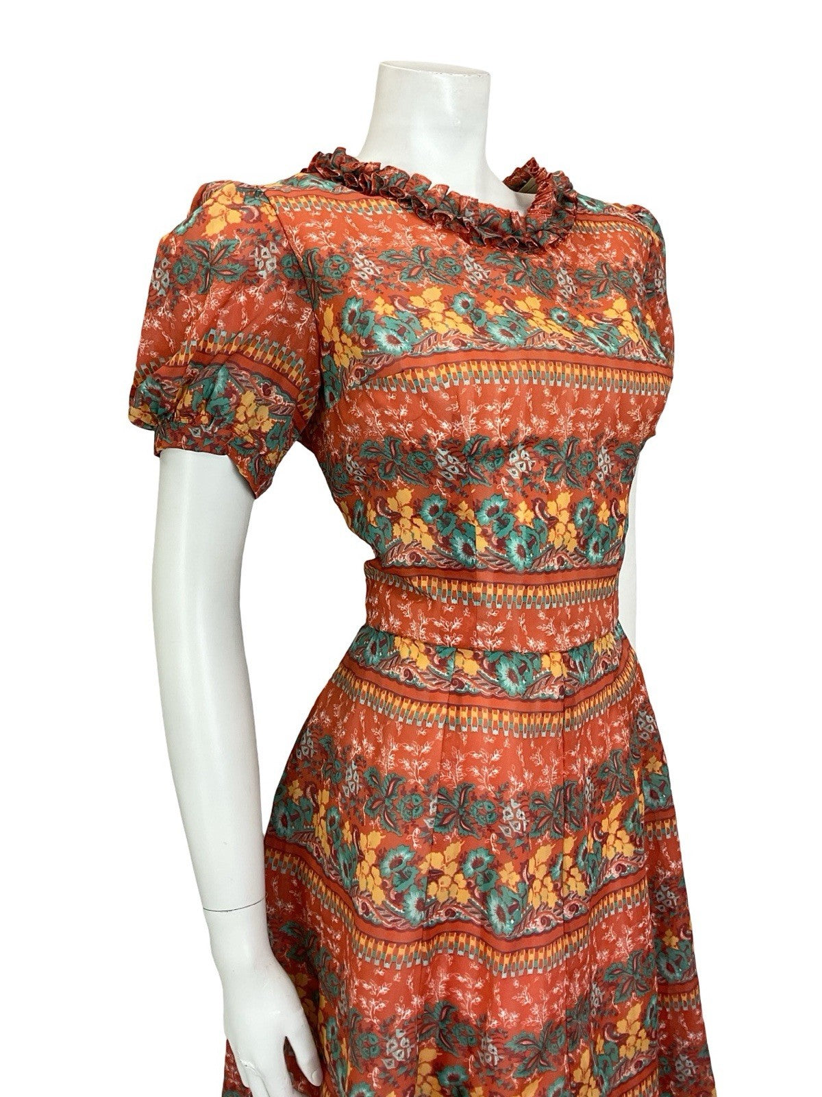 VTG 60S RED GREEN YELLOW PSYCHEDELIC FLORAL RUFFLE PUFF SLEEVE TEA DRESS 14