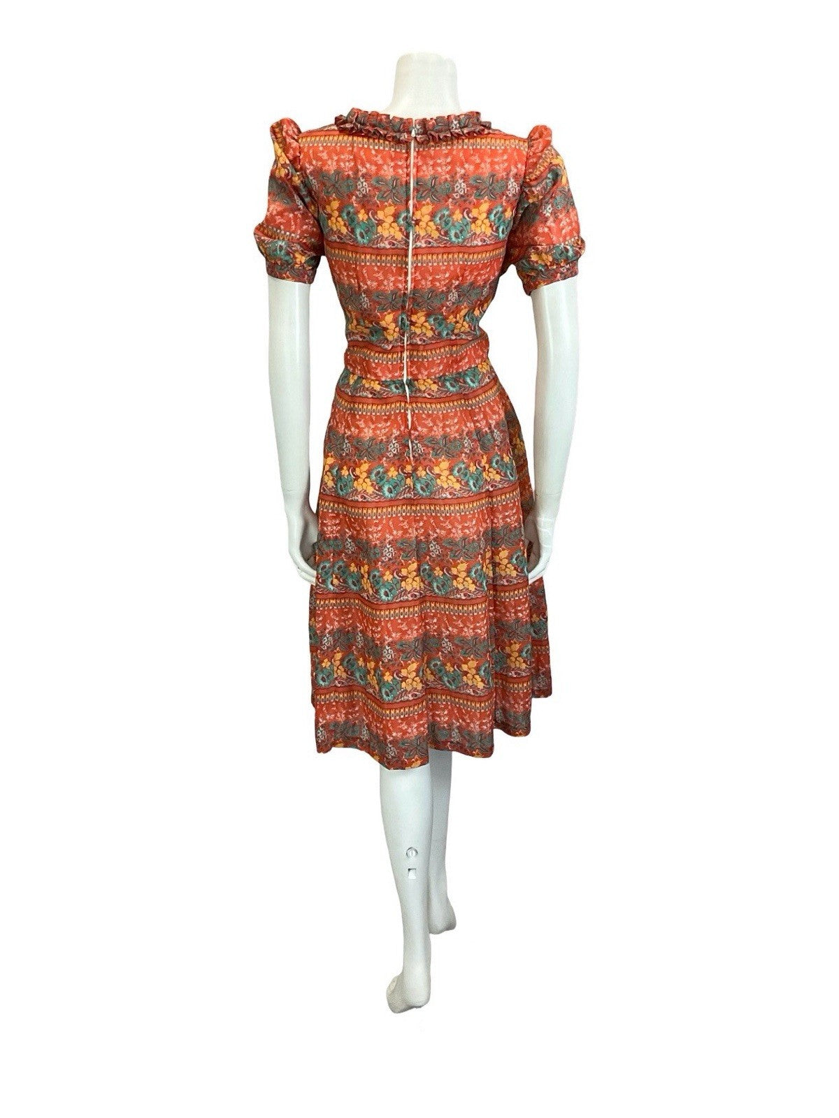 VTG 60S RED GREEN YELLOW PSYCHEDELIC FLORAL RUFFLE PUFF SLEEVE TEA DRESS 14