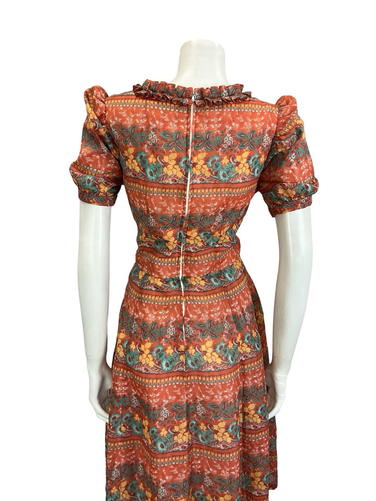 VTG 60S RED GREEN YELLOW PSYCHEDELIC FLORAL RUFFLE PUFF SLEEVE TEA DRESS 14