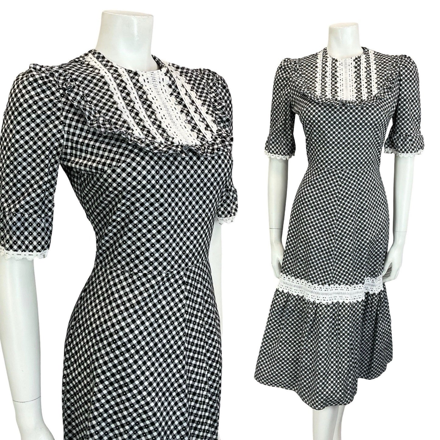 VTG 70S BLACK WHITE GINGHAM PRAIRIE COTTAGE RUFFLE CROCHET 1/2 SLEEVE DRESS 8
