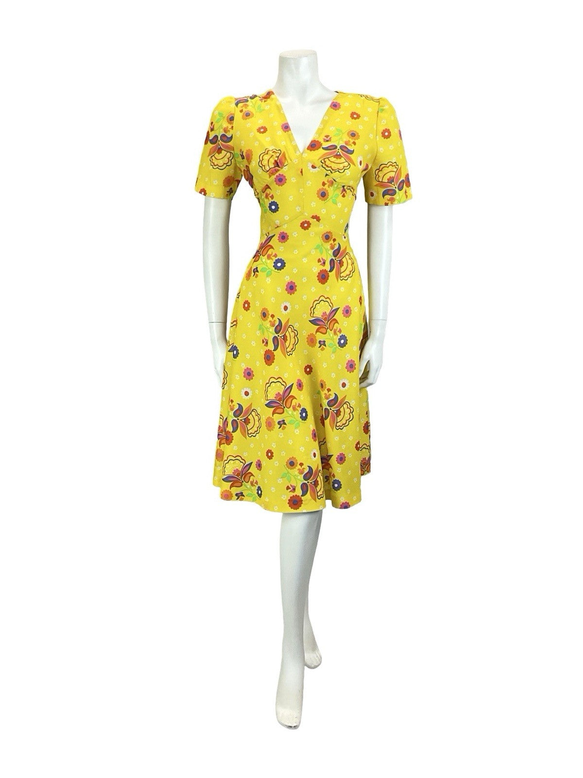 VTG 60S 70S YELLOW RED ORANGE BLUE GREEN PSYCHEDELIC FLORAL SWING DRESS 10