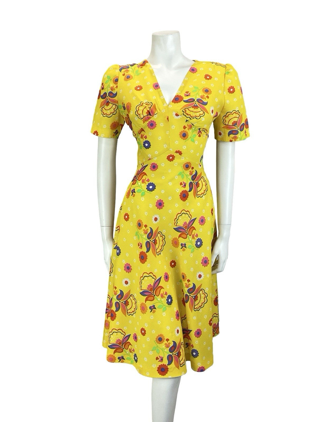 VTG 60S 70S YELLOW RED ORANGE BLUE GREEN PSYCHEDELIC FLORAL SWING DRESS 10