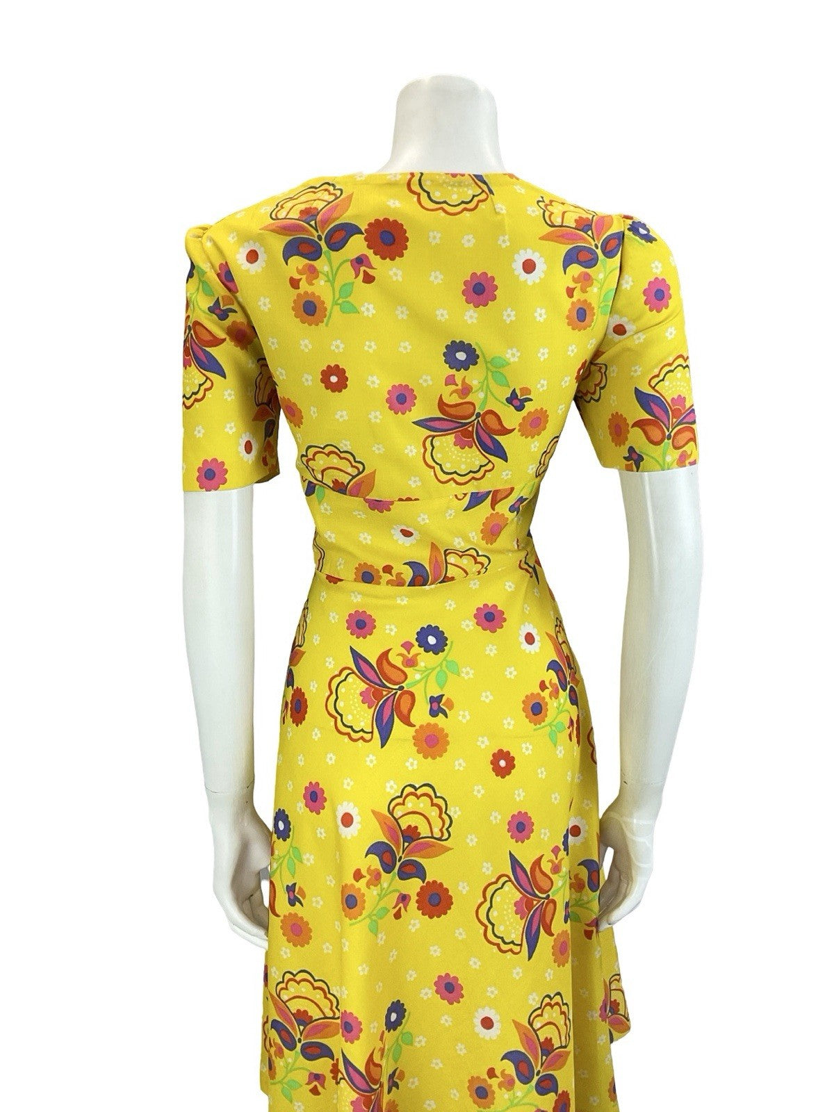VTG 60S 70S YELLOW RED ORANGE BLUE GREEN PSYCHEDELIC FLORAL SWING DRESS 10