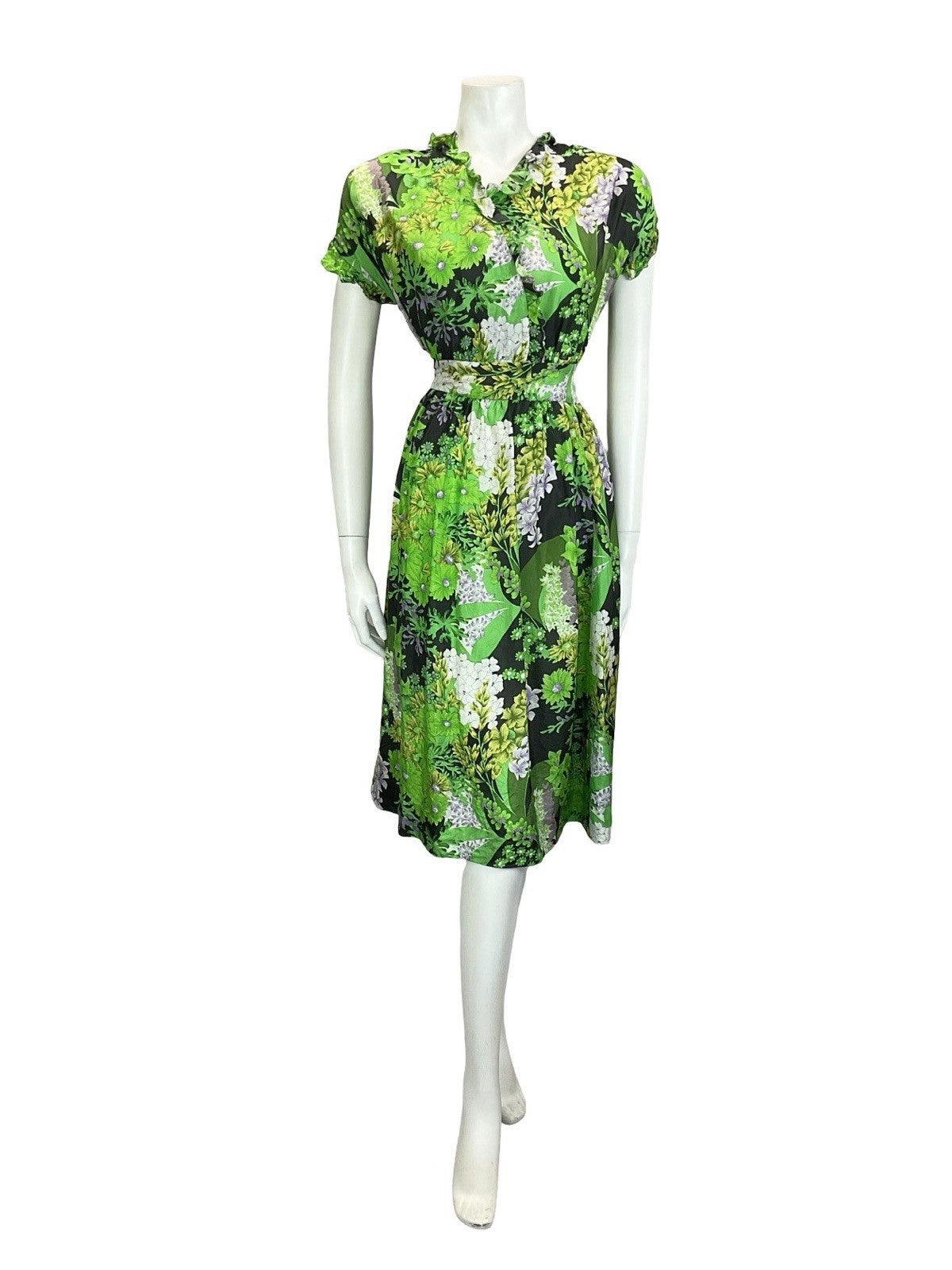 VTG 60S 70S GREEN BLACK WHITE PURPLE FLORAL RUFFLE V NECK FLOATY DRESS 16