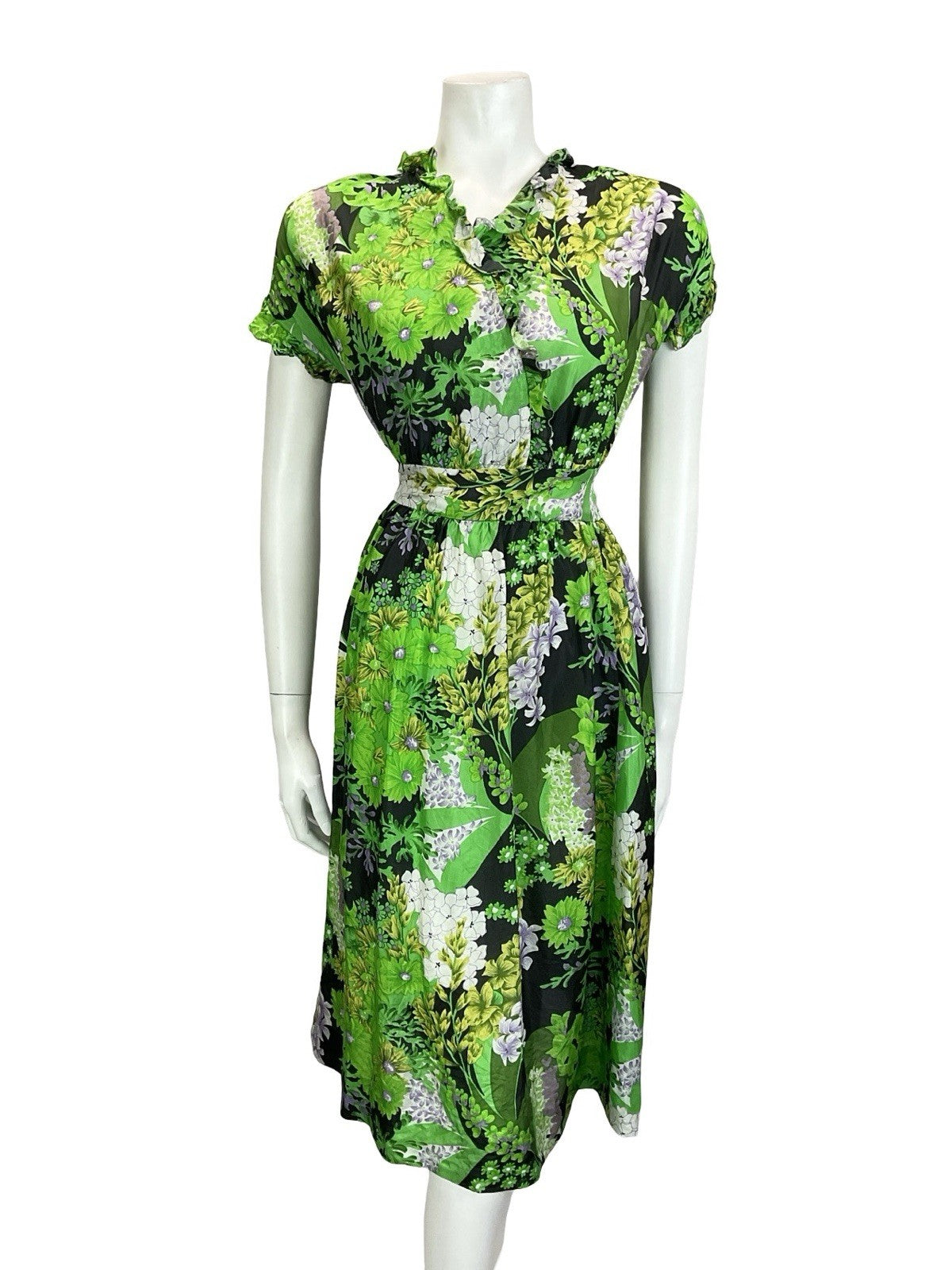 VTG 60S 70S GREEN BLACK WHITE PURPLE FLORAL RUFFLE V NECK FLOATY DRESS 16