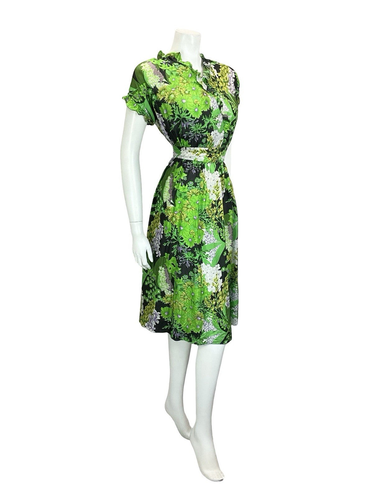 VTG 60S 70S GREEN BLACK WHITE PURPLE FLORAL RUFFLE V NECK FLOATY DRESS 16