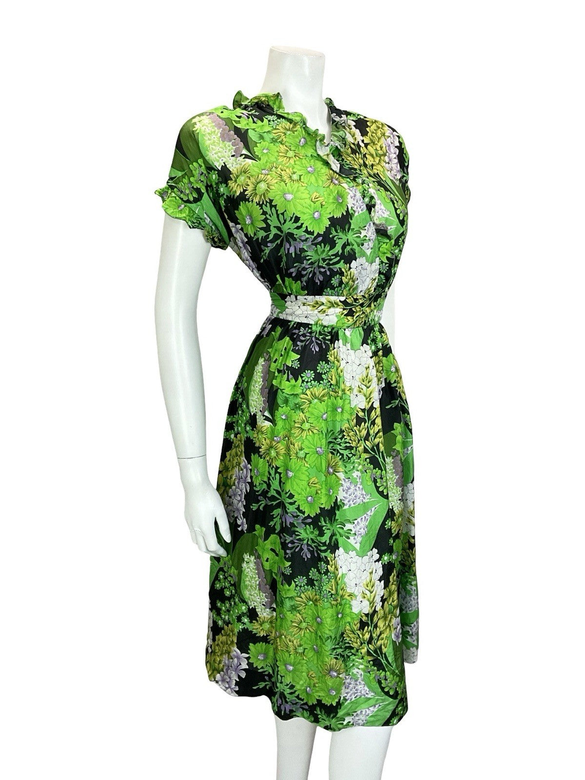 VTG 60S 70S GREEN BLACK WHITE PURPLE FLORAL RUFFLE V NECK FLOATY DRESS 16