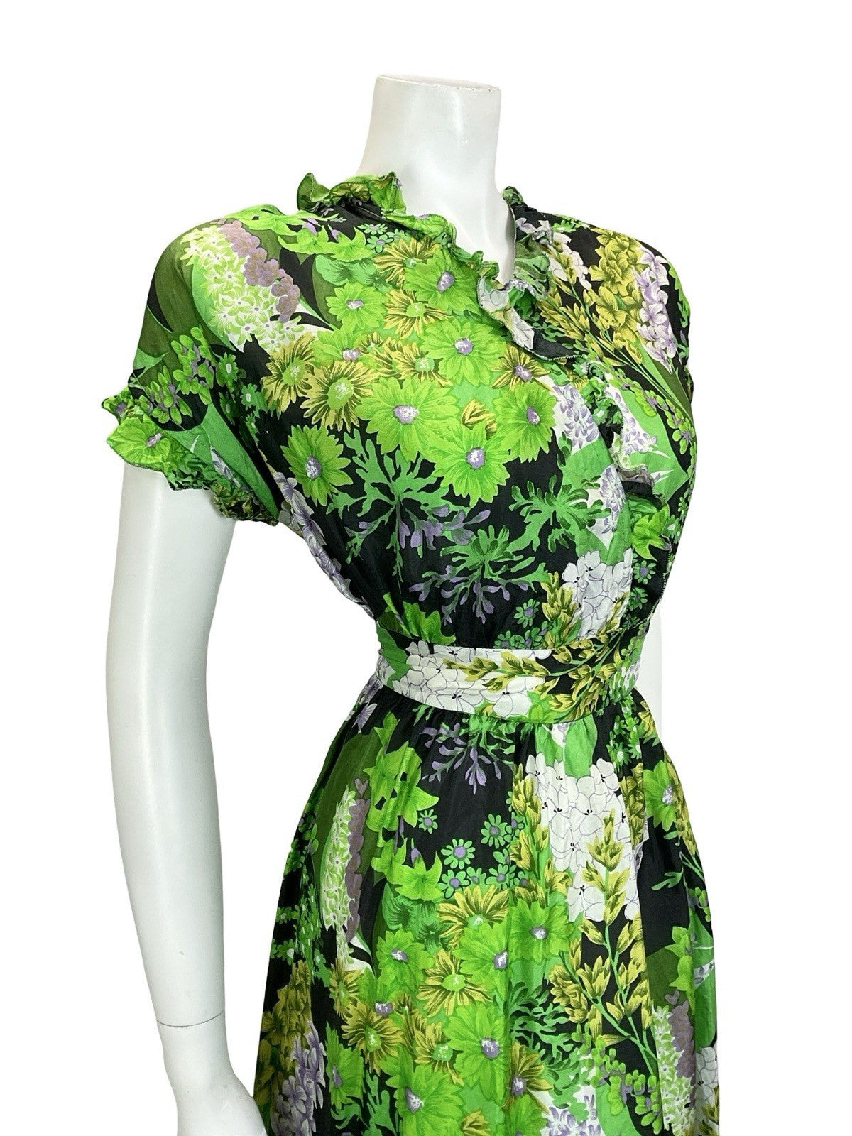 VTG 60S 70S GREEN BLACK WHITE PURPLE FLORAL RUFFLE V NECK FLOATY DRESS 16