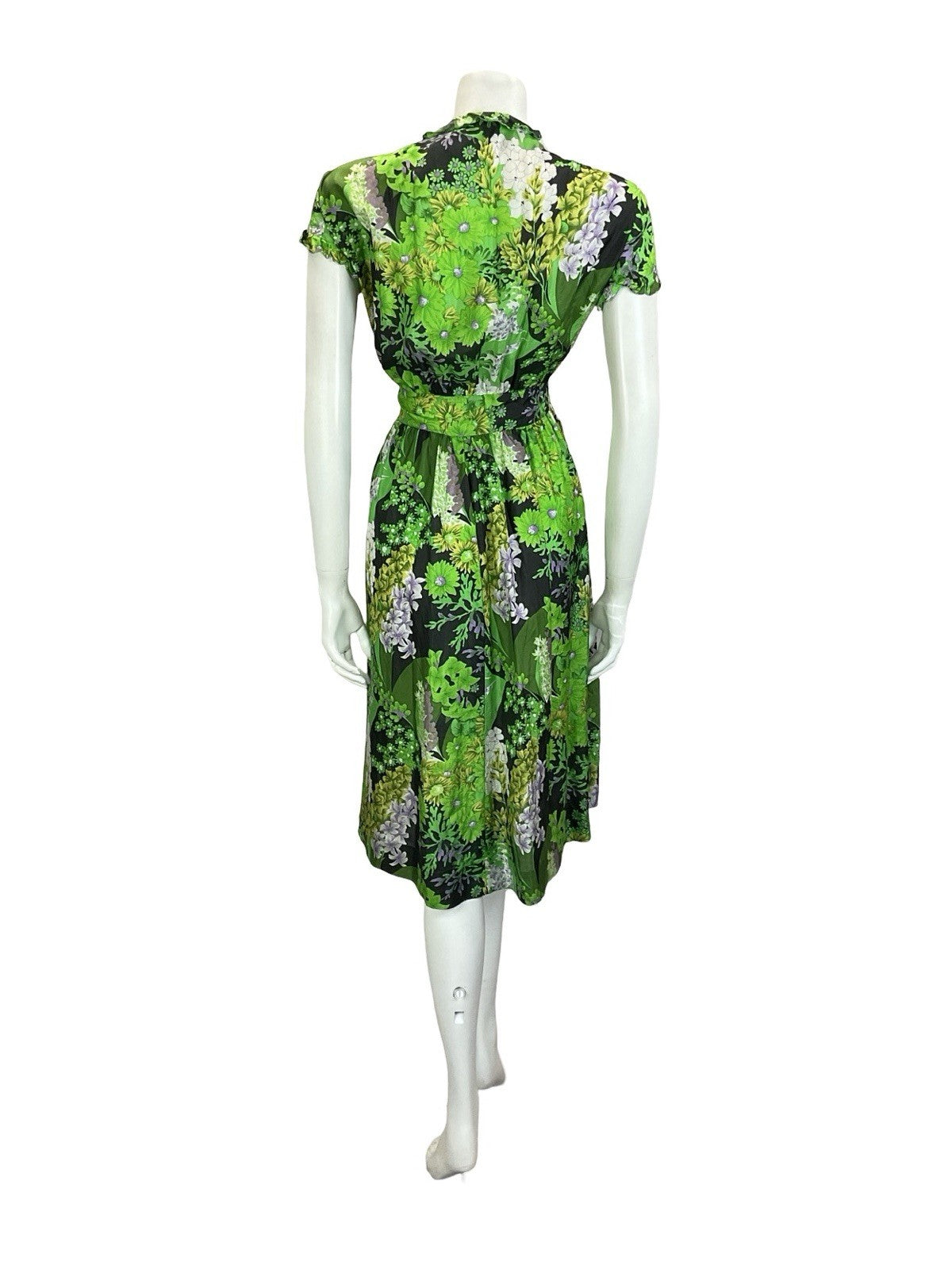 VTG 60S 70S GREEN BLACK WHITE PURPLE FLORAL RUFFLE V NECK FLOATY DRESS 16