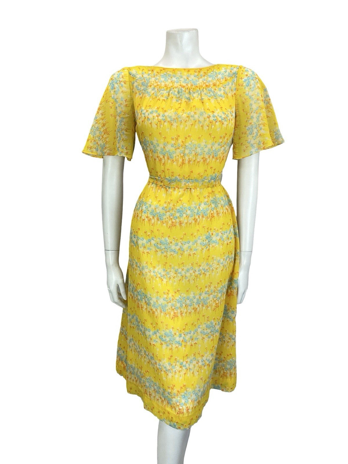 VTG 60S 70S YELLOW BLUE ORANGE WHITE FLORAL STRIPE ANGEL SLEEVE TIE DRESS 10