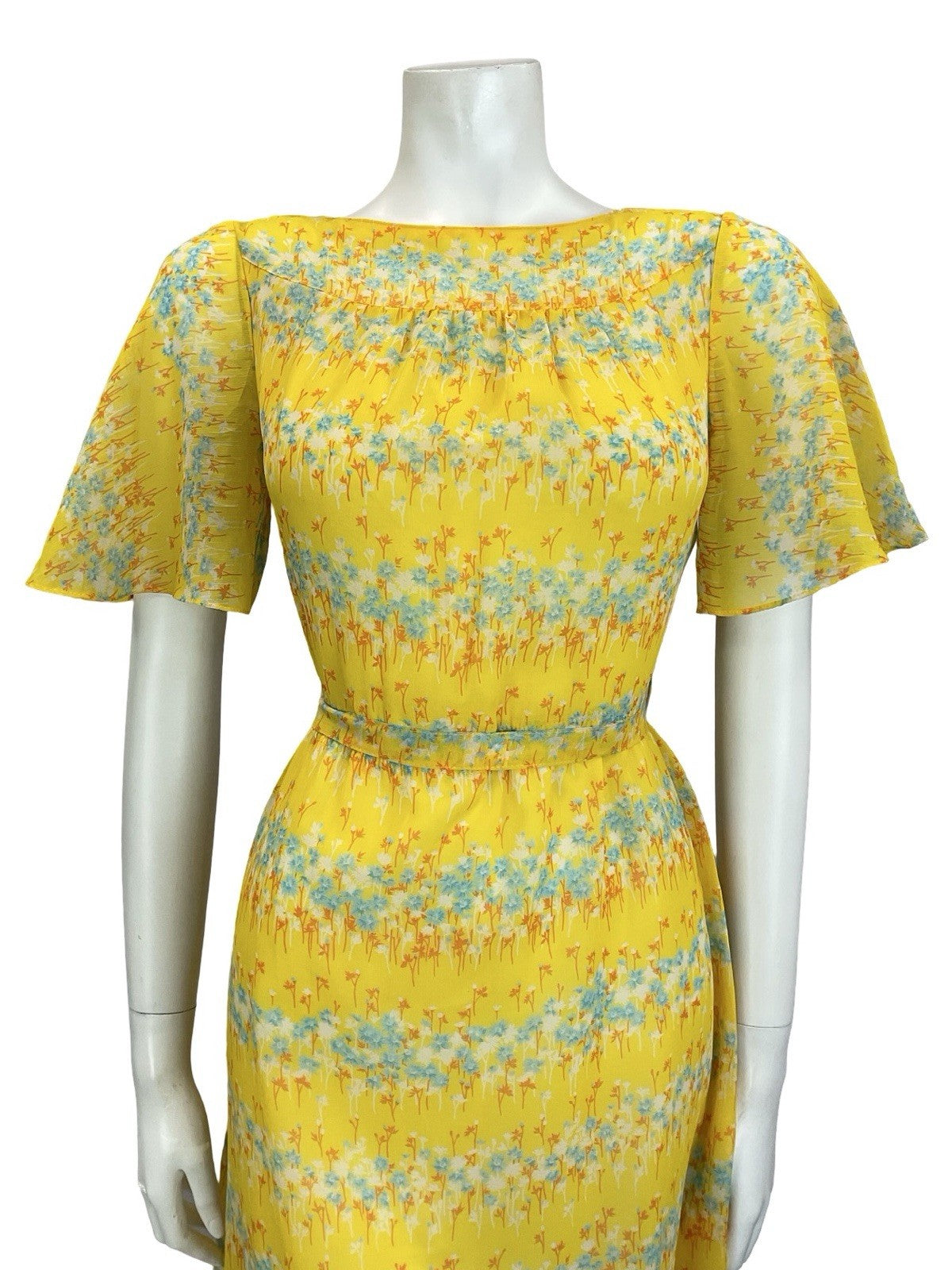 VTG 60S 70S YELLOW BLUE ORANGE WHITE FLORAL STRIPE ANGEL SLEEVE TIE DRESS 10