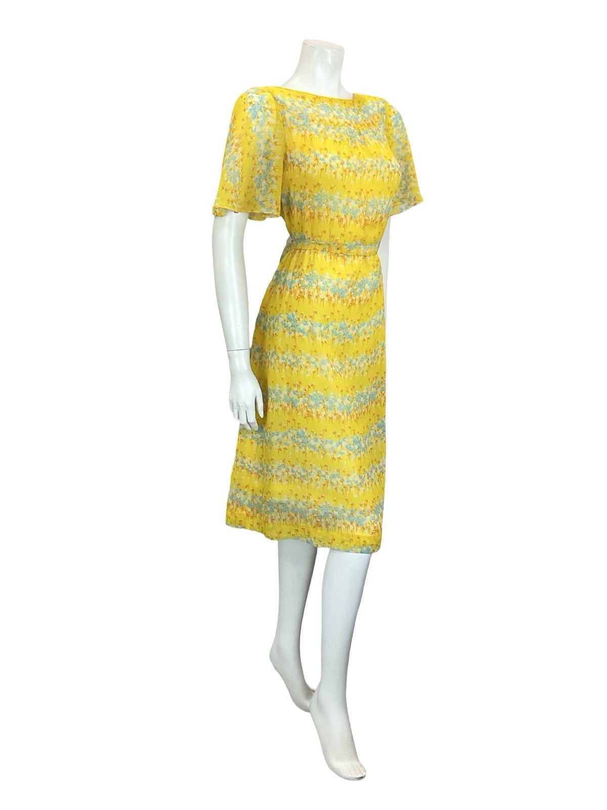 VTG 60S 70S YELLOW BLUE ORANGE WHITE FLORAL STRIPE ANGEL SLEEVE TIE DRESS 10