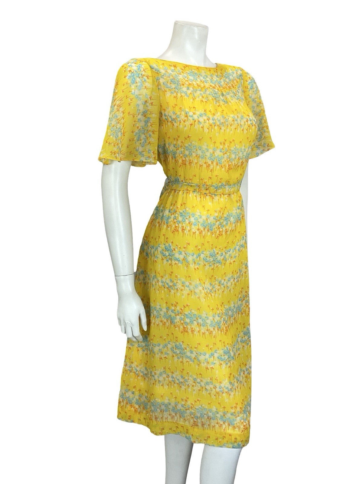 VTG 60S 70S YELLOW BLUE ORANGE WHITE FLORAL STRIPE ANGEL SLEEVE TIE DRESS 10