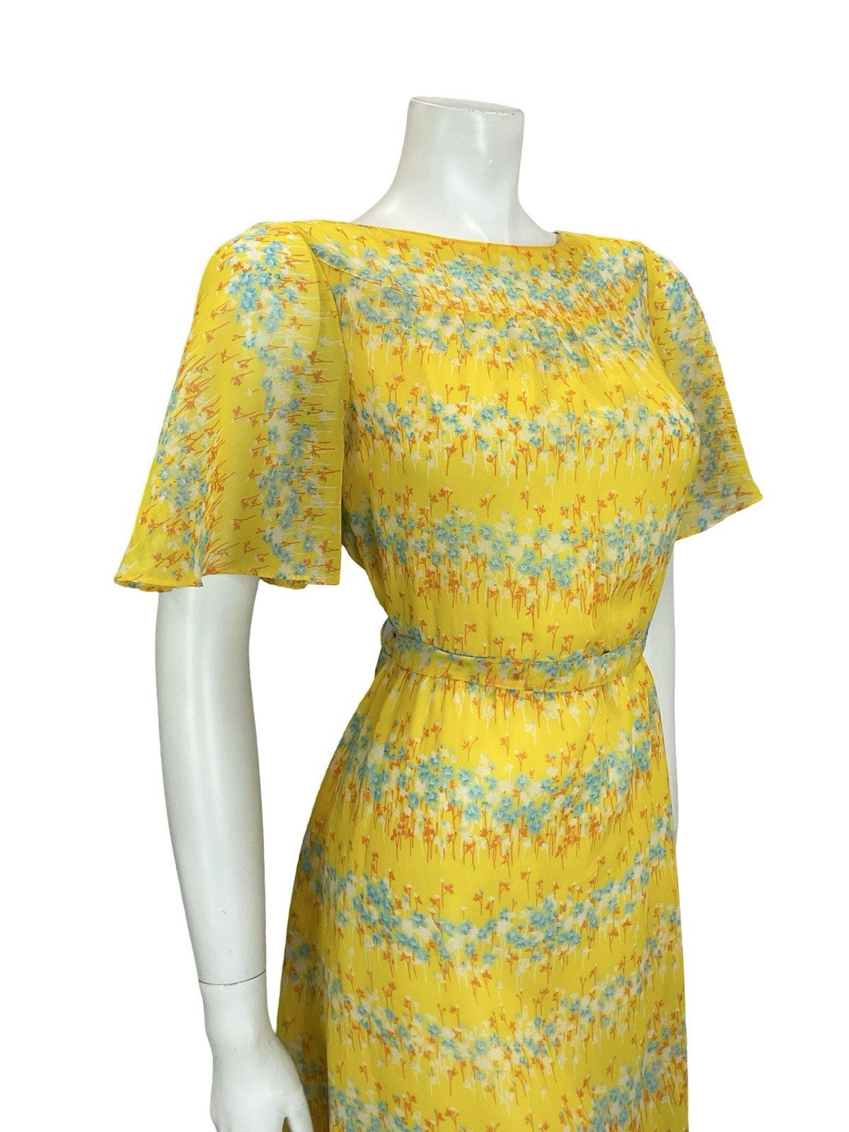 VTG 60S 70S YELLOW BLUE ORANGE WHITE FLORAL STRIPE ANGEL SLEEVE TIE DRESS 10