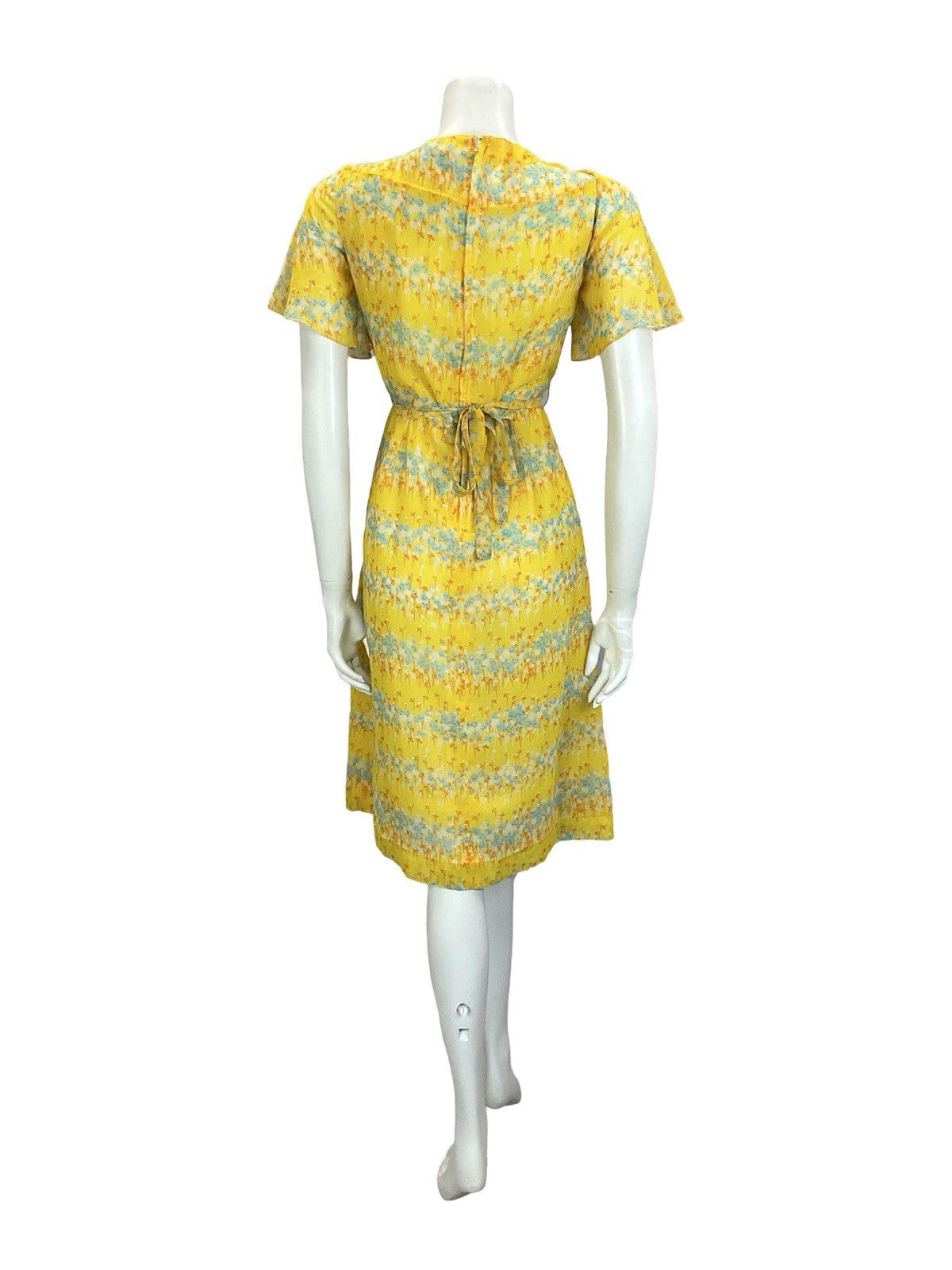 VTG 60S 70S YELLOW BLUE ORANGE WHITE FLORAL STRIPE ANGEL SLEEVE TIE DRESS 10