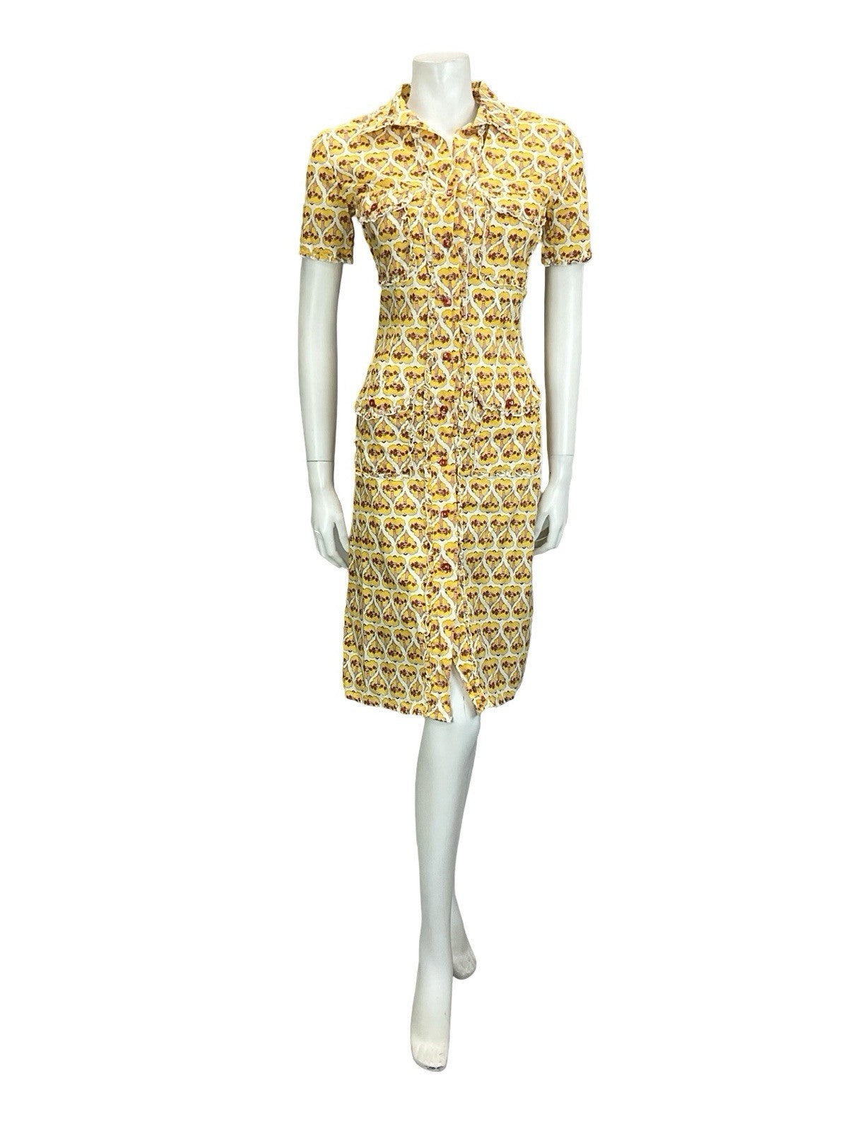 VTG 60S 70S WHITE RED YELLOW ART DECO WOMAN HEART RUFFLE SHIRT DRESS + POCKETS 8