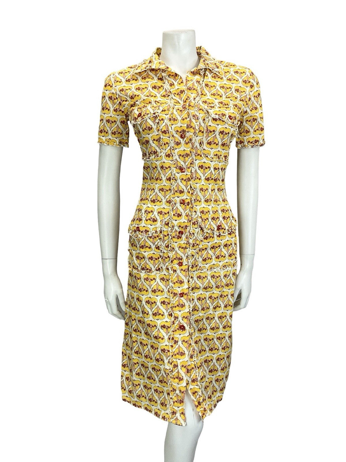 VTG 60S 70S WHITE RED YELLOW ART DECO WOMAN HEART RUFFLE SHIRT DRESS + POCKETS 8
