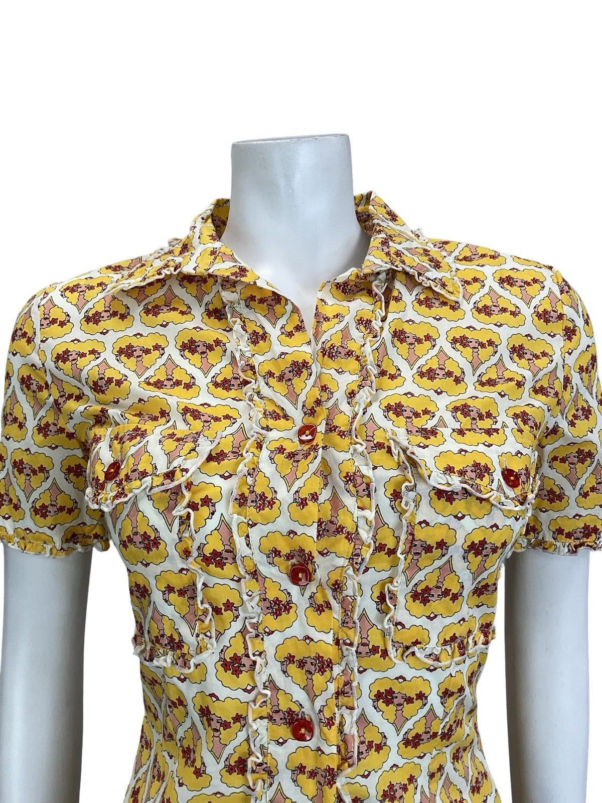 VTG 60S 70S WHITE RED YELLOW ART DECO WOMAN HEART RUFFLE SHIRT DRESS + POCKETS 8