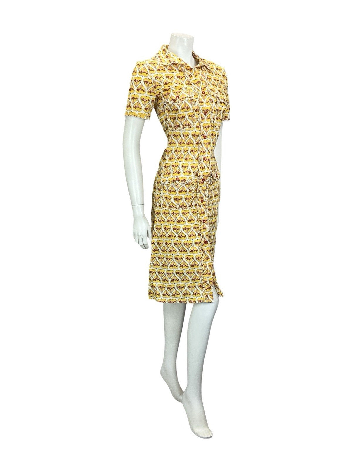 VTG 60S 70S WHITE RED YELLOW ART DECO WOMAN HEART RUFFLE SHIRT DRESS + POCKETS 8
