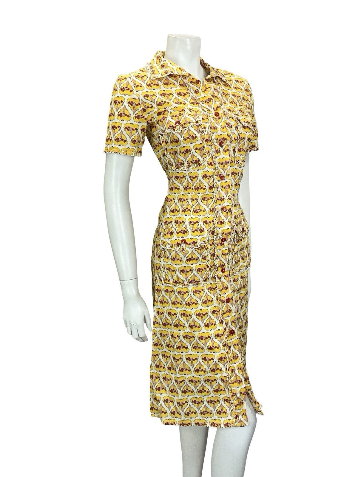 VTG 60S 70S WHITE RED YELLOW ART DECO WOMAN HEART RUFFLE SHIRT DRESS + POCKETS 8