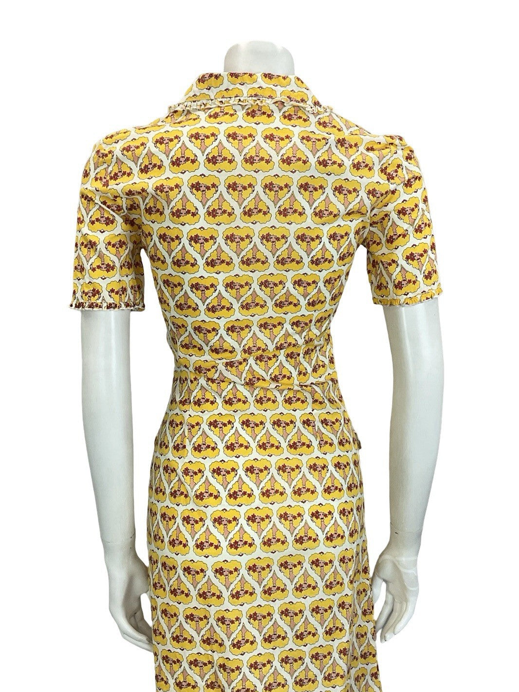 VTG 60S 70S WHITE RED YELLOW ART DECO WOMAN HEART RUFFLE SHIRT DRESS + POCKETS 8