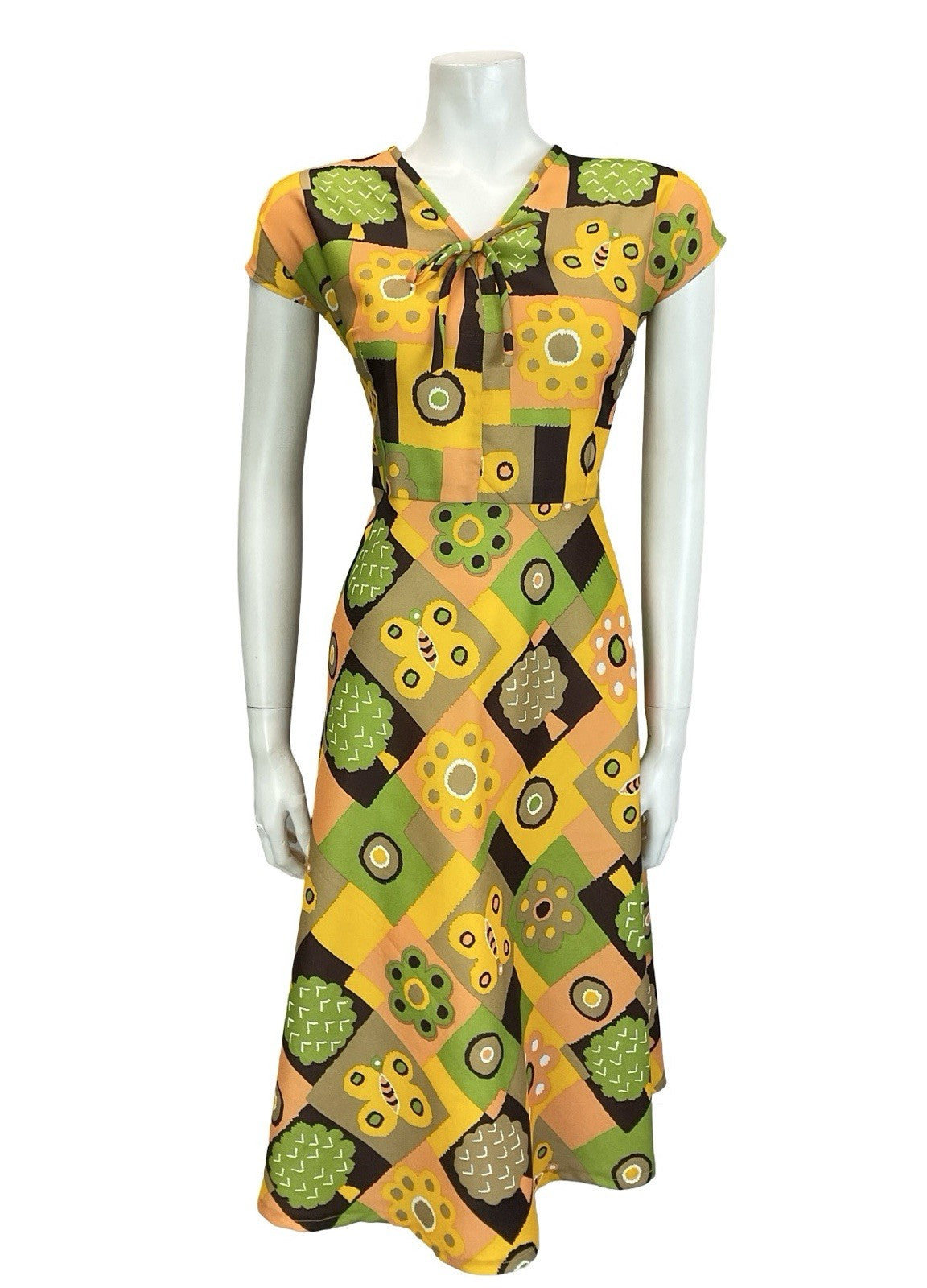 VTG 60S 70S YELLOW GREEN BROWN BUTTERFLY FLOWER TREE PATCHWORK RIC RAC DRESS 14
