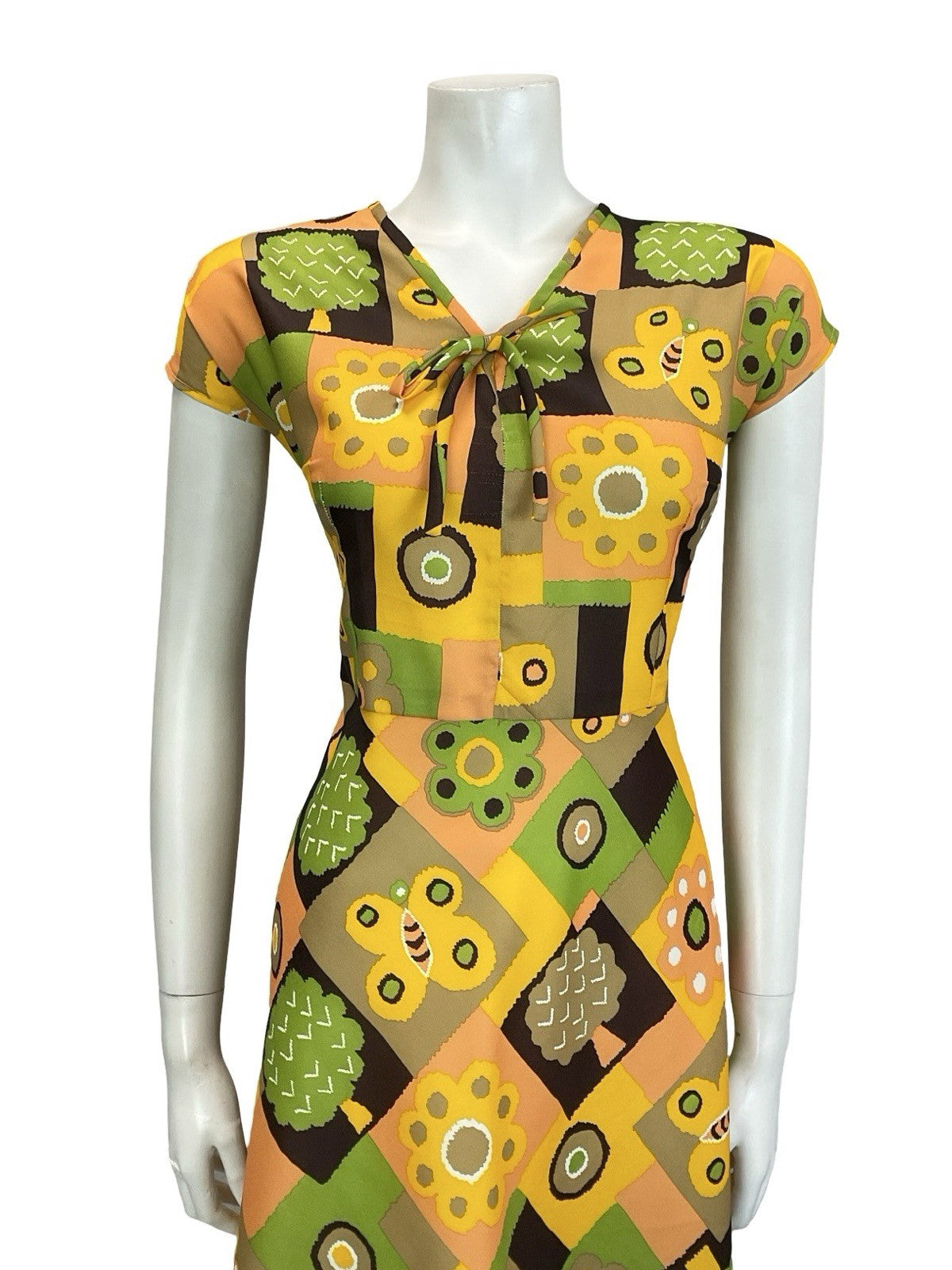 VTG 60S 70S YELLOW GREEN BROWN BUTTERFLY FLOWER TREE PATCHWORK RIC RAC DRESS 14
