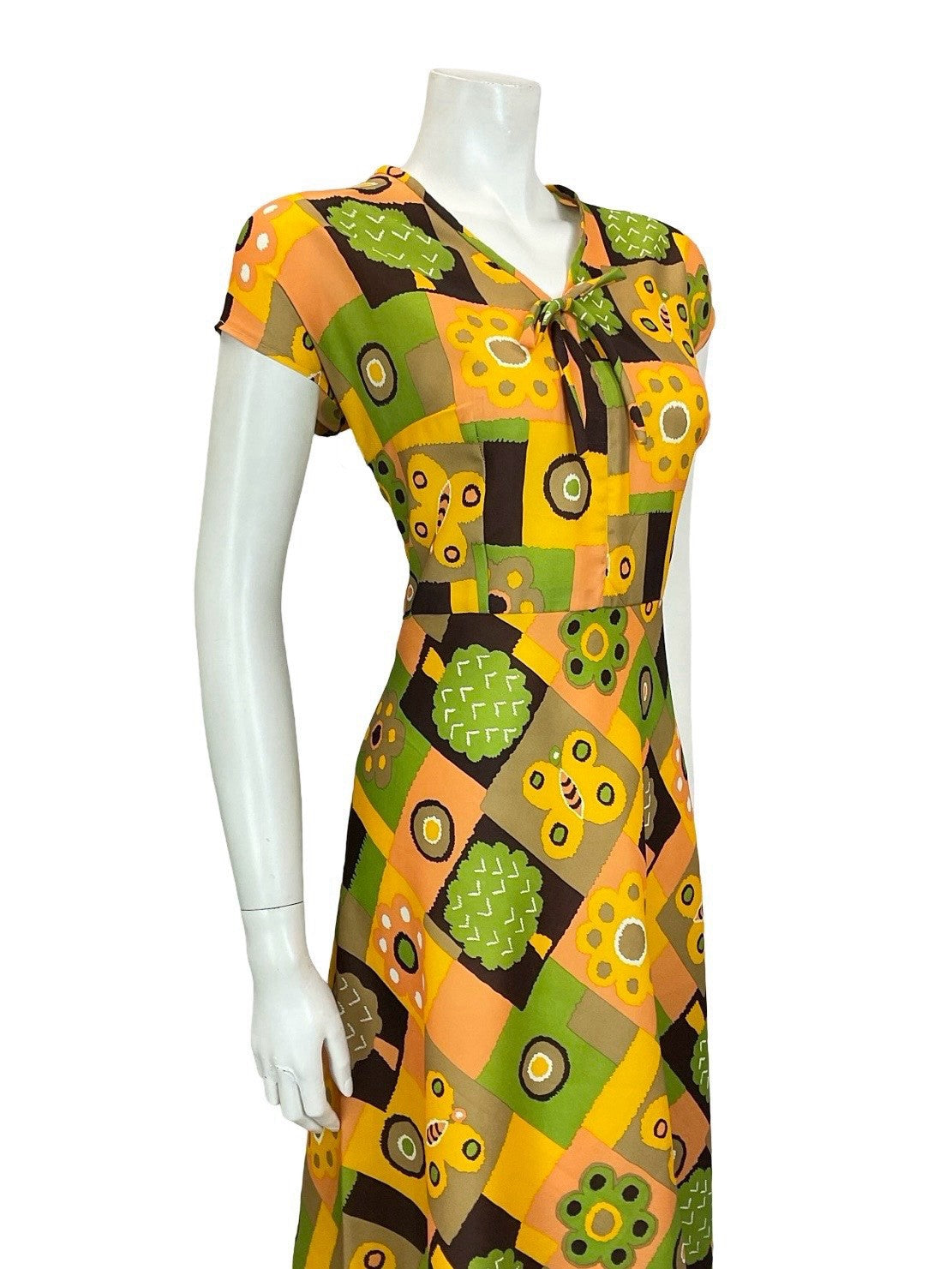 VTG 60S 70S YELLOW GREEN BROWN BUTTERFLY FLOWER TREE PATCHWORK RIC RAC DRESS 14