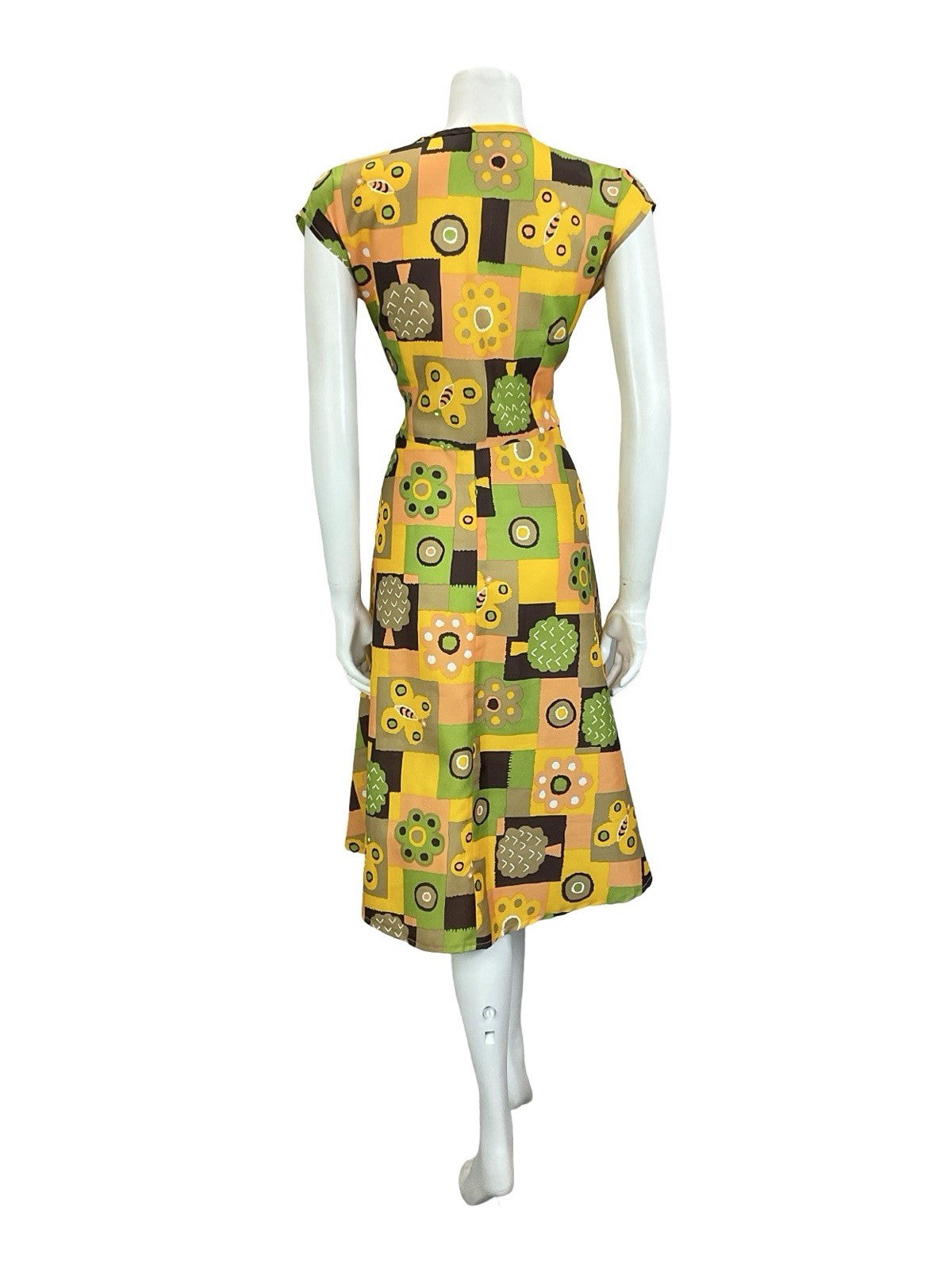 VTG 60S 70S YELLOW GREEN BROWN BUTTERFLY FLOWER TREE PATCHWORK RIC RAC DRESS 14