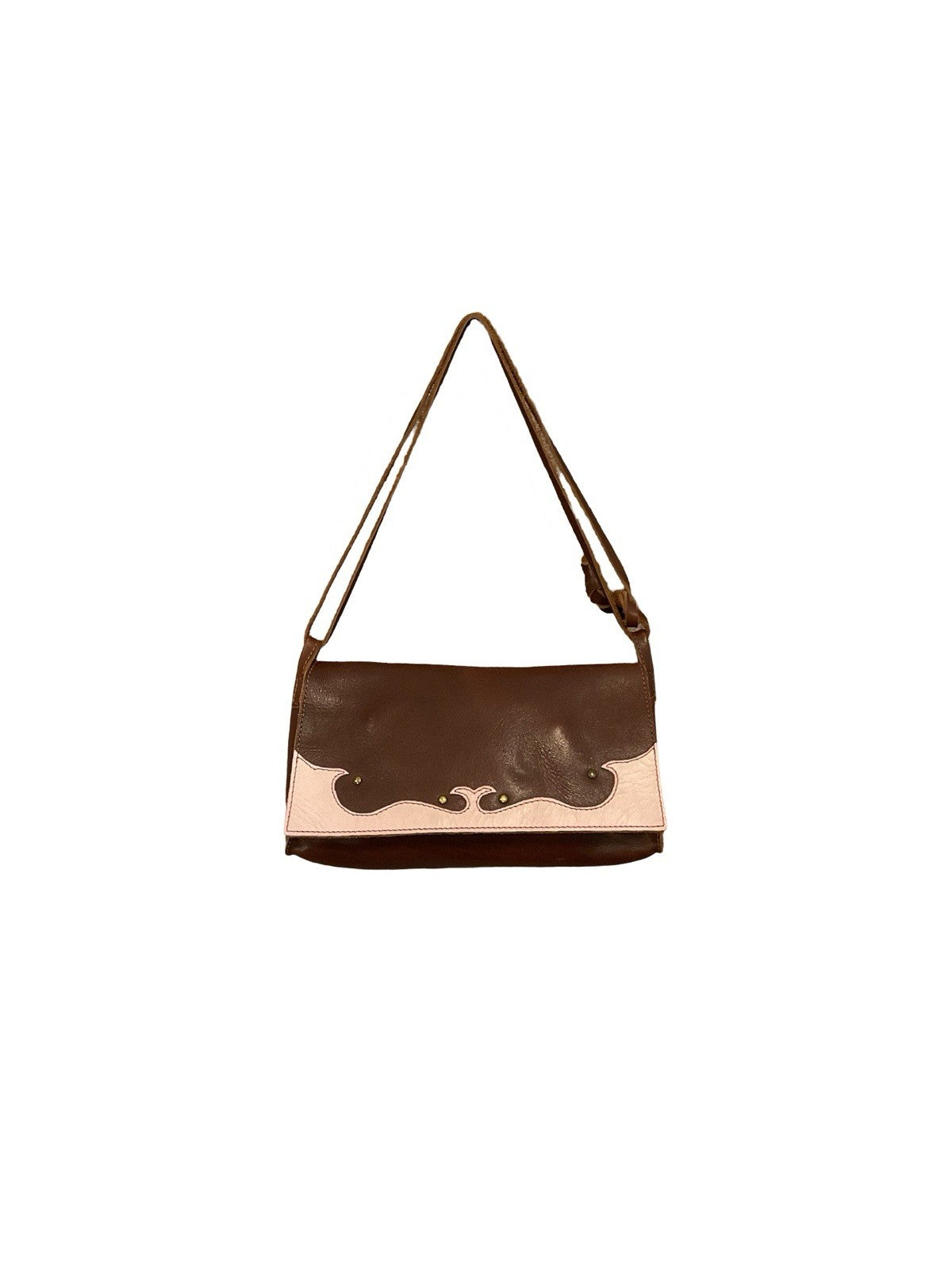 VTG 60S 70S WESTERN BOHO DARK BROWN PASTEL PINK STUD SHOULDER BAG