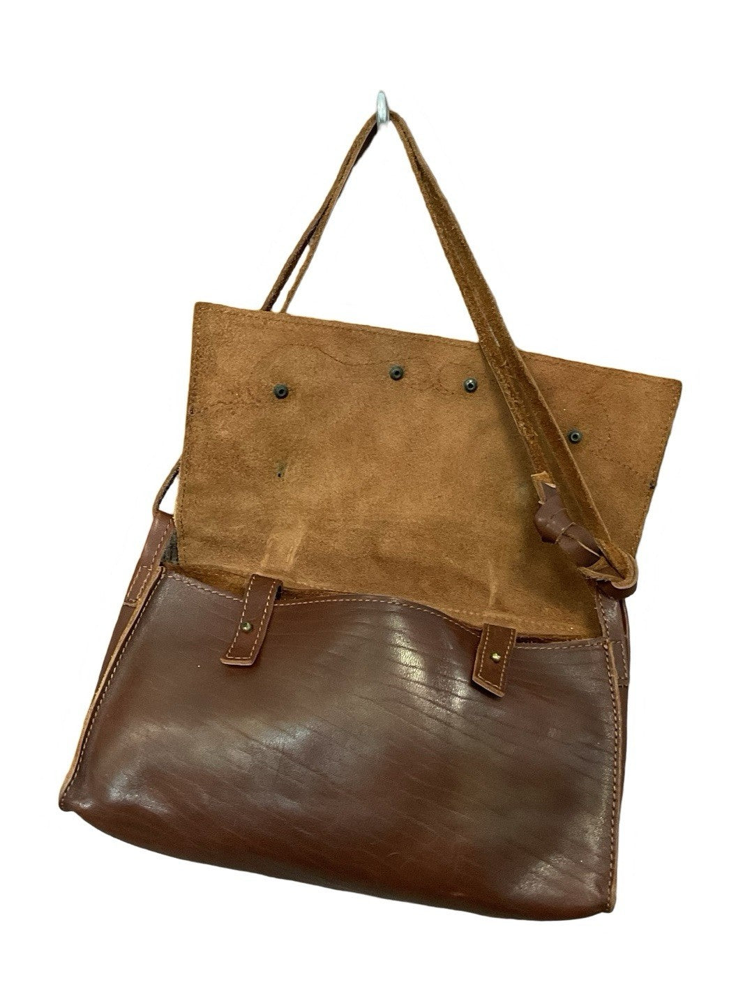 VTG 60S 70S WESTERN BOHO DARK BROWN PASTEL PINK STUD SHOULDER BAG