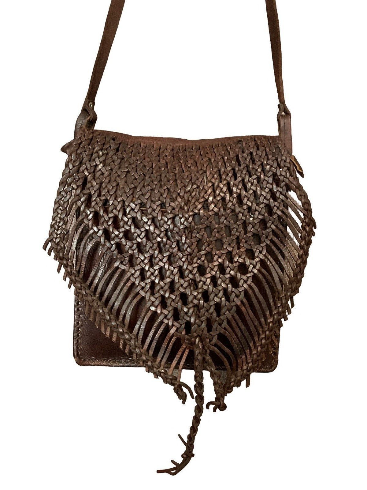 LARGE VTG 60S 70S HIIPPY BOHO DARK BROWN LEATHER WOVEN SHOULDER CROSS BODY BAG