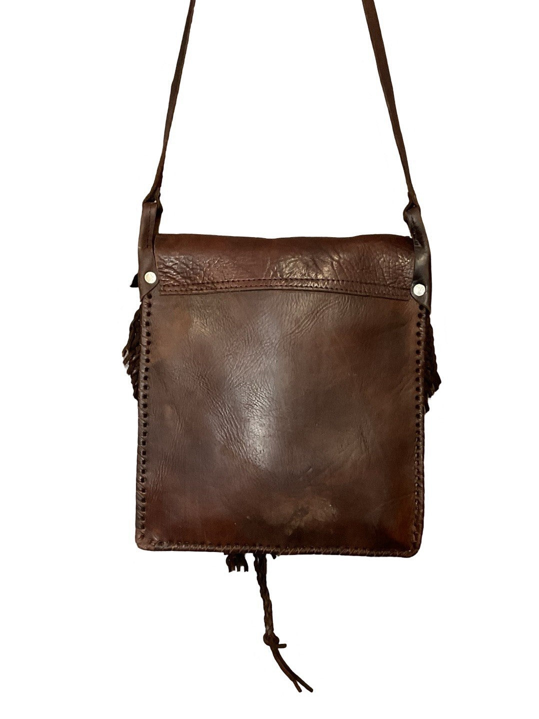 LARGE VTG 60S 70S HIIPPY BOHO DARK BROWN LEATHER WOVEN SHOULDER CROSS BODY BAG