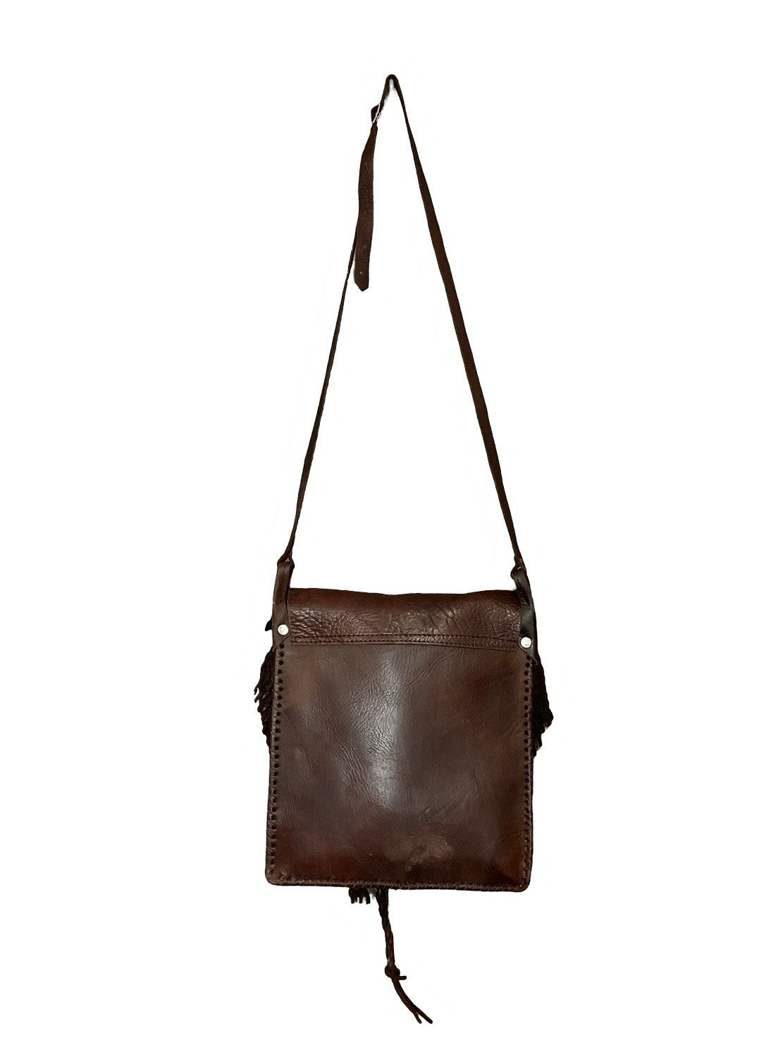 LARGE VTG 60S 70S HIIPPY BOHO DARK BROWN LEATHER WOVEN SHOULDER CROSS BODY BAG