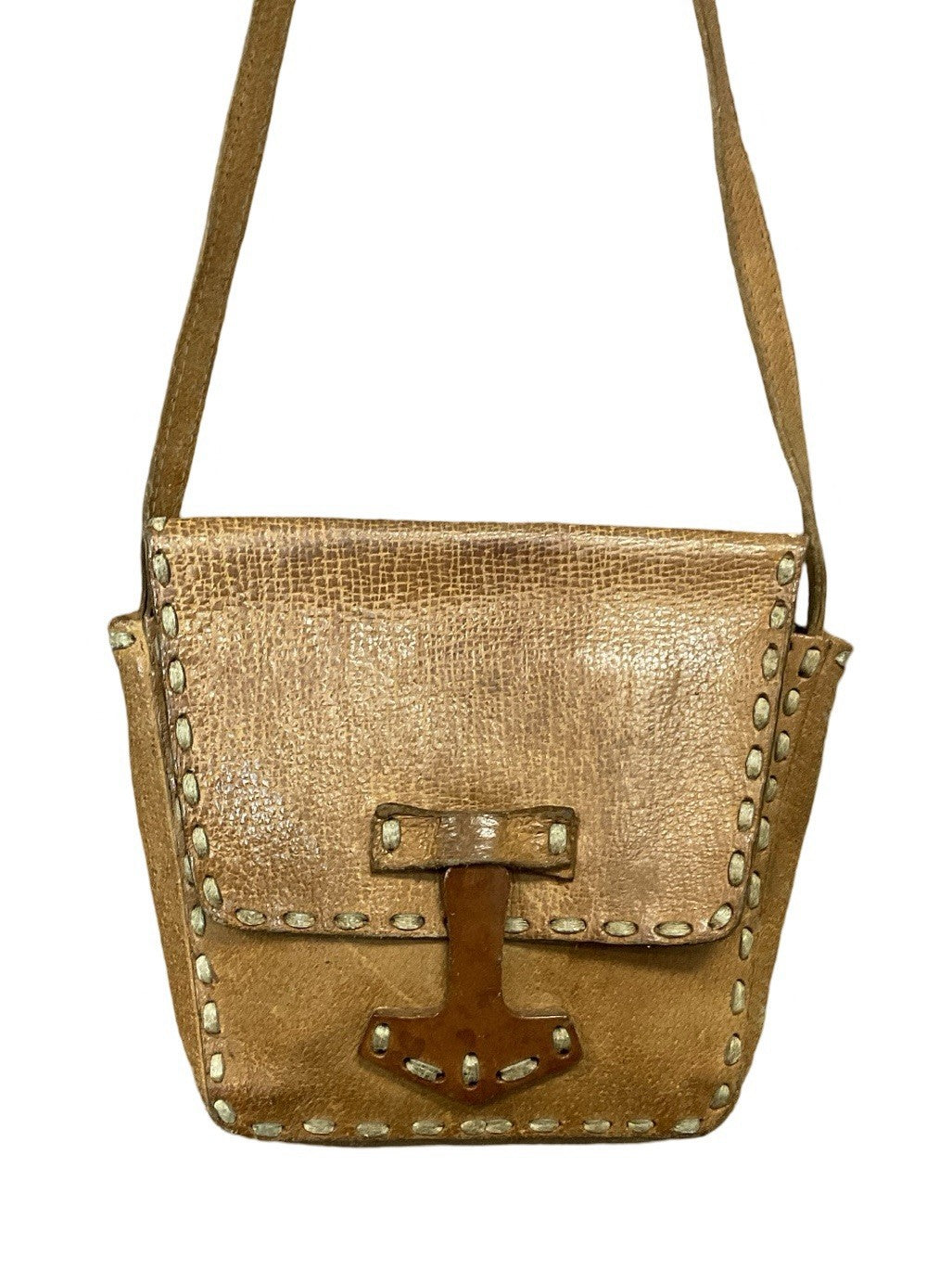 VTG 60S 70S HIIPPY BOHO TAN BROWN SLIP CLASP RUNNING STITCH SHOULDER BAG