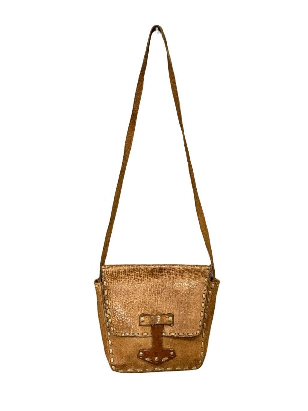 VTG 60S 70S HIIPPY BOHO TAN BROWN SLIP CLASP RUNNING STITCH SHOULDER BAG