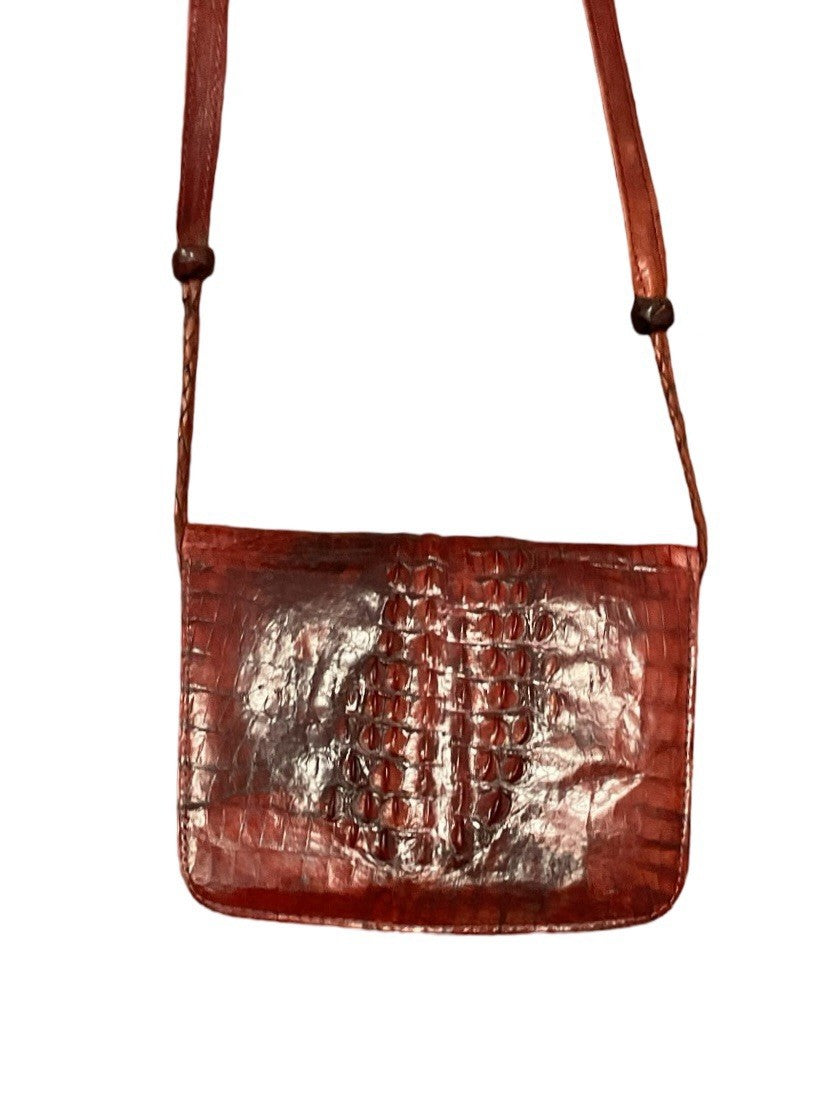 VTG 60S 70S MOD RED CROCODILE TEXTURE LEATHER ACCORDION CROSS BODY BAG